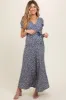 Blue Floral Puff Sleeve V Neck Maternity Maxi Dress sold by Pinkblush