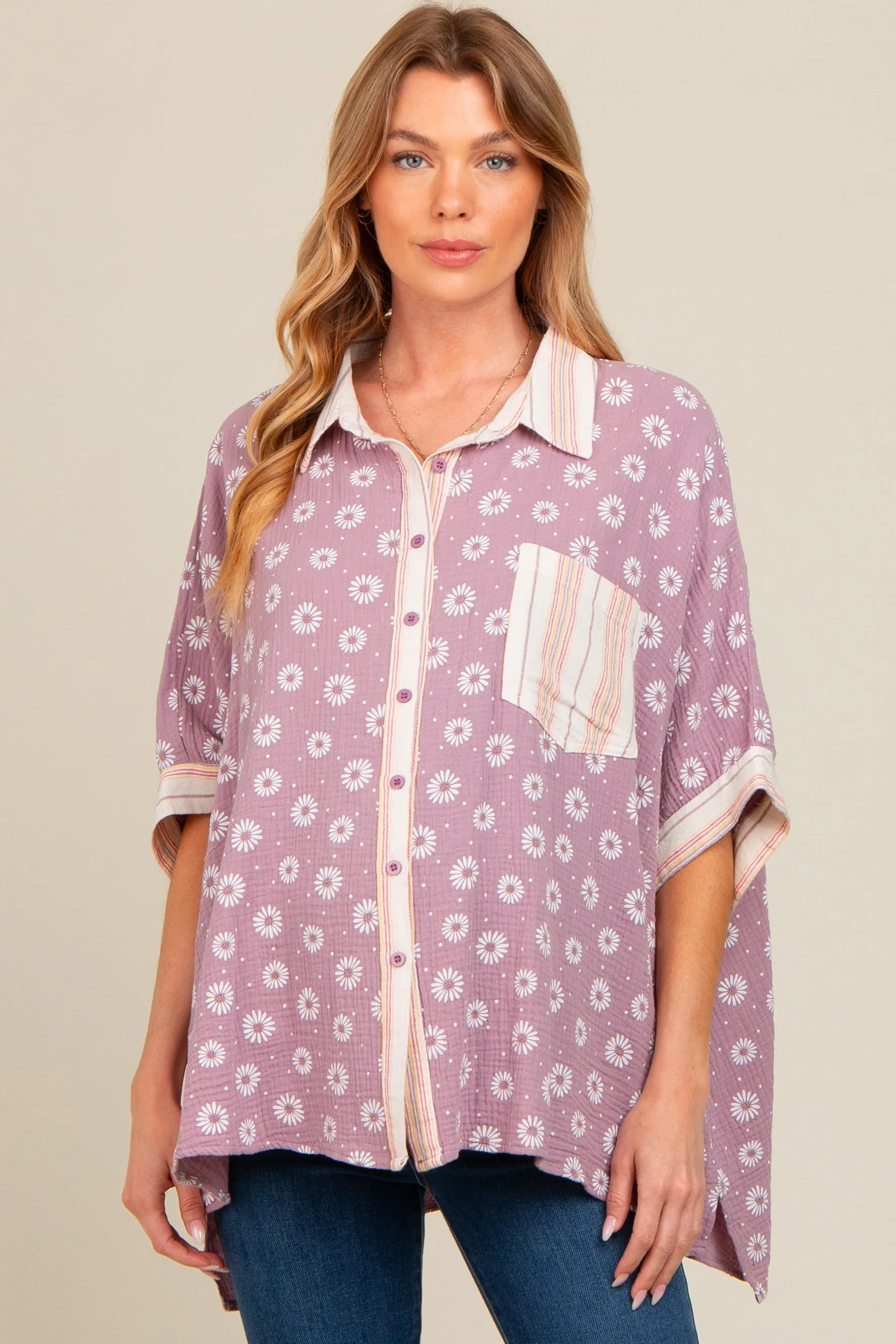 Lavender Floral Contrast Print Maternity Button Down Top sold by Pinkblush