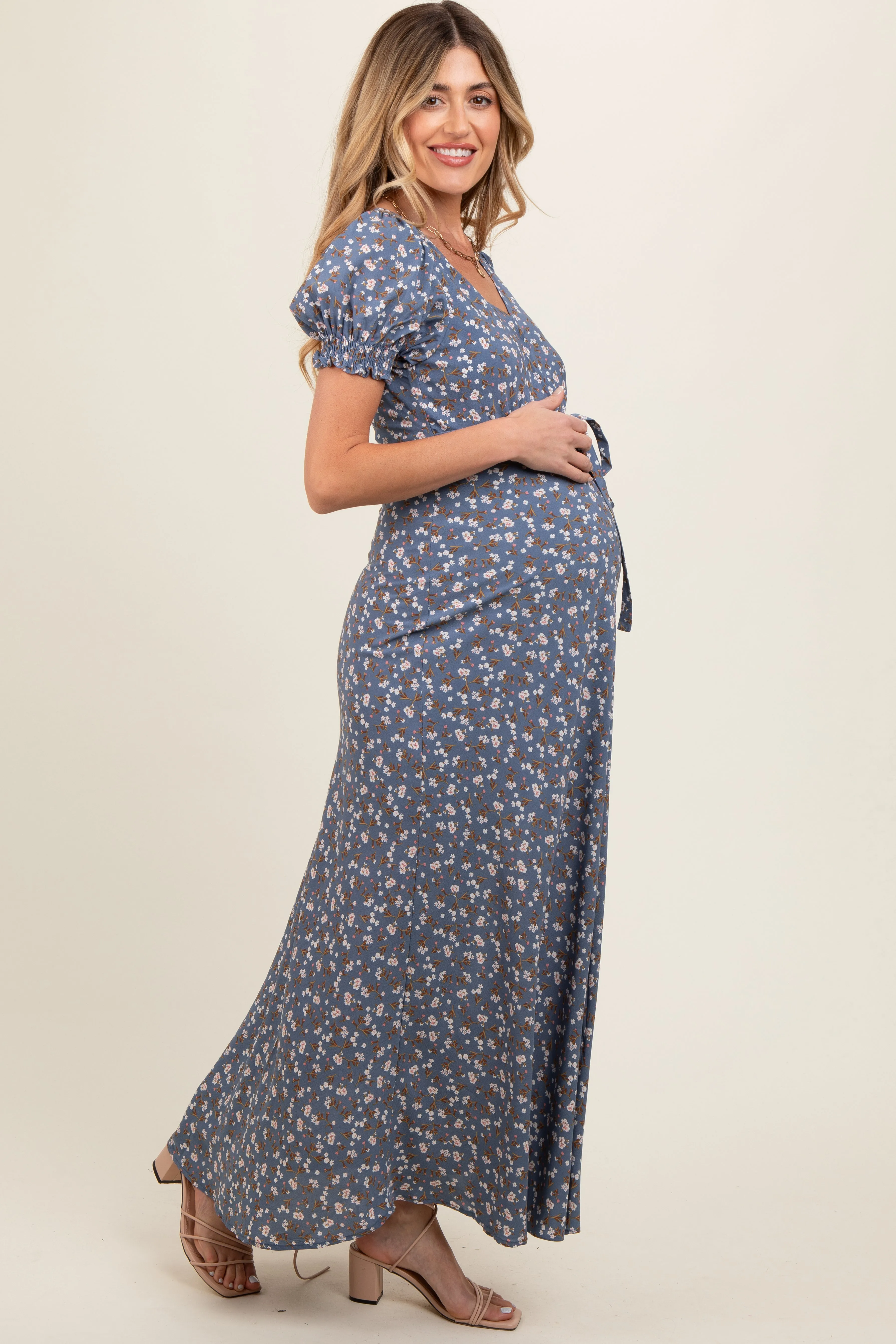 Blue Floral Puff Sleeve V Neck Maternity Maxi Dress sold by Pinkblush product image thumbnail 3