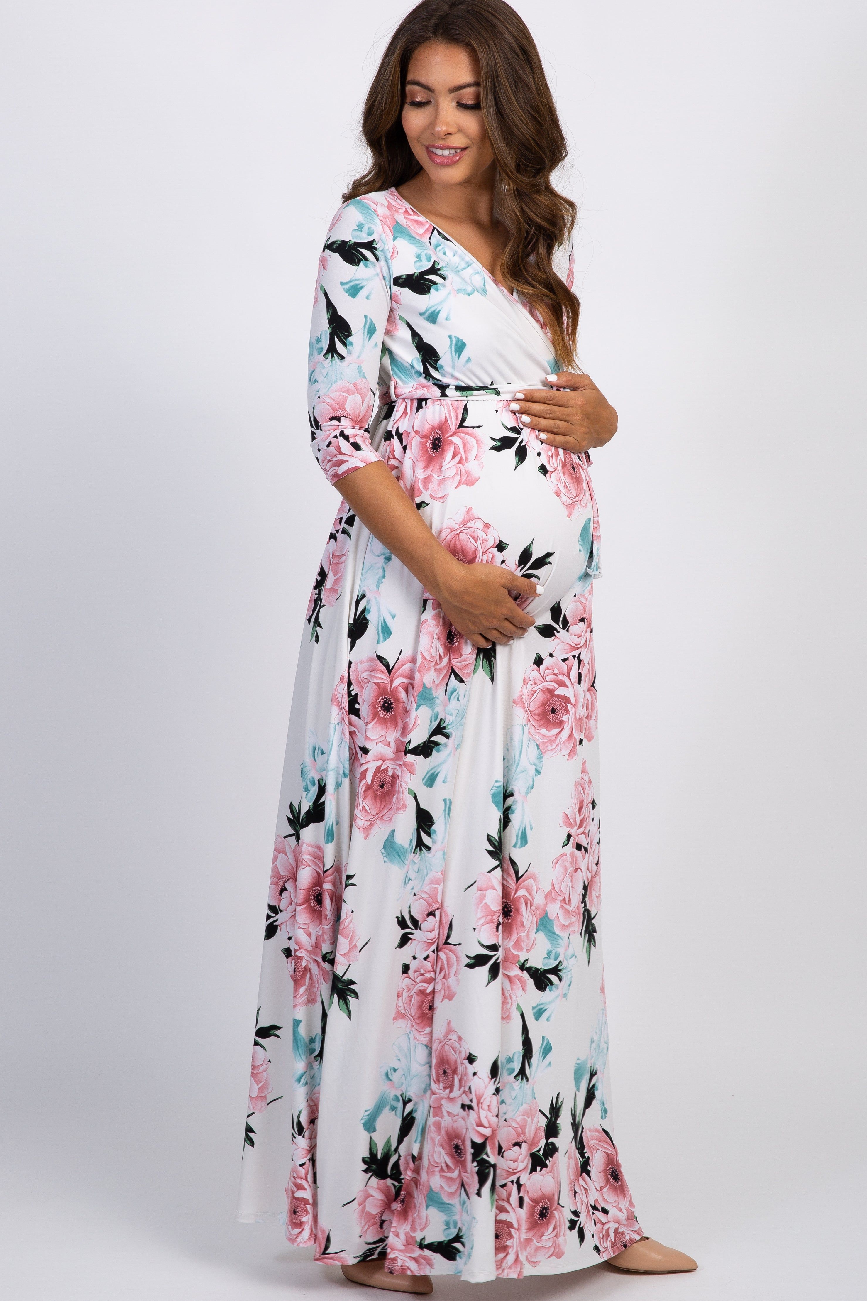 PinkBlush White Floral Sash Tie Maternity/Nursing Maxi Dress sold by Pinkblush product image thumbnail 2