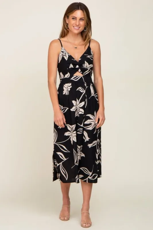 Black Floral Front Twist Midi Dress sold by Pinkblush