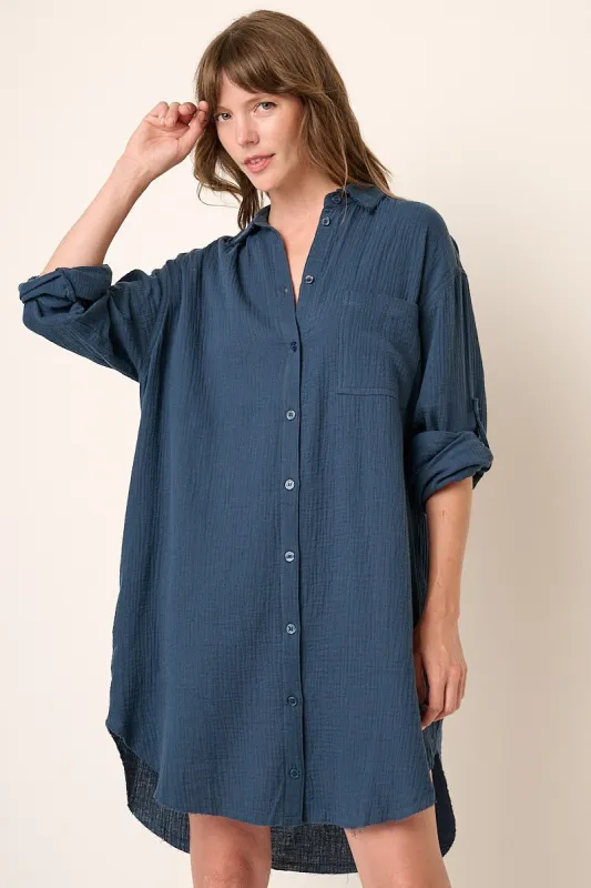Navy Blue Gauze Button Down Dress sold by Pinkblush
