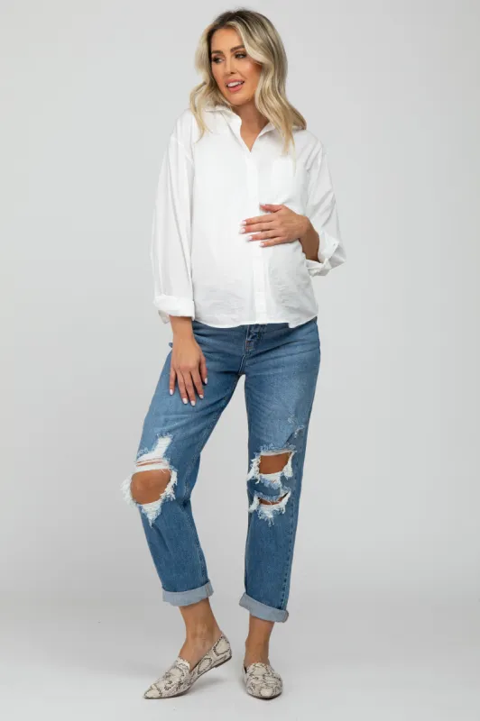 Blue Distressed Cuffed Maternity Jeans sold by Pinkblush