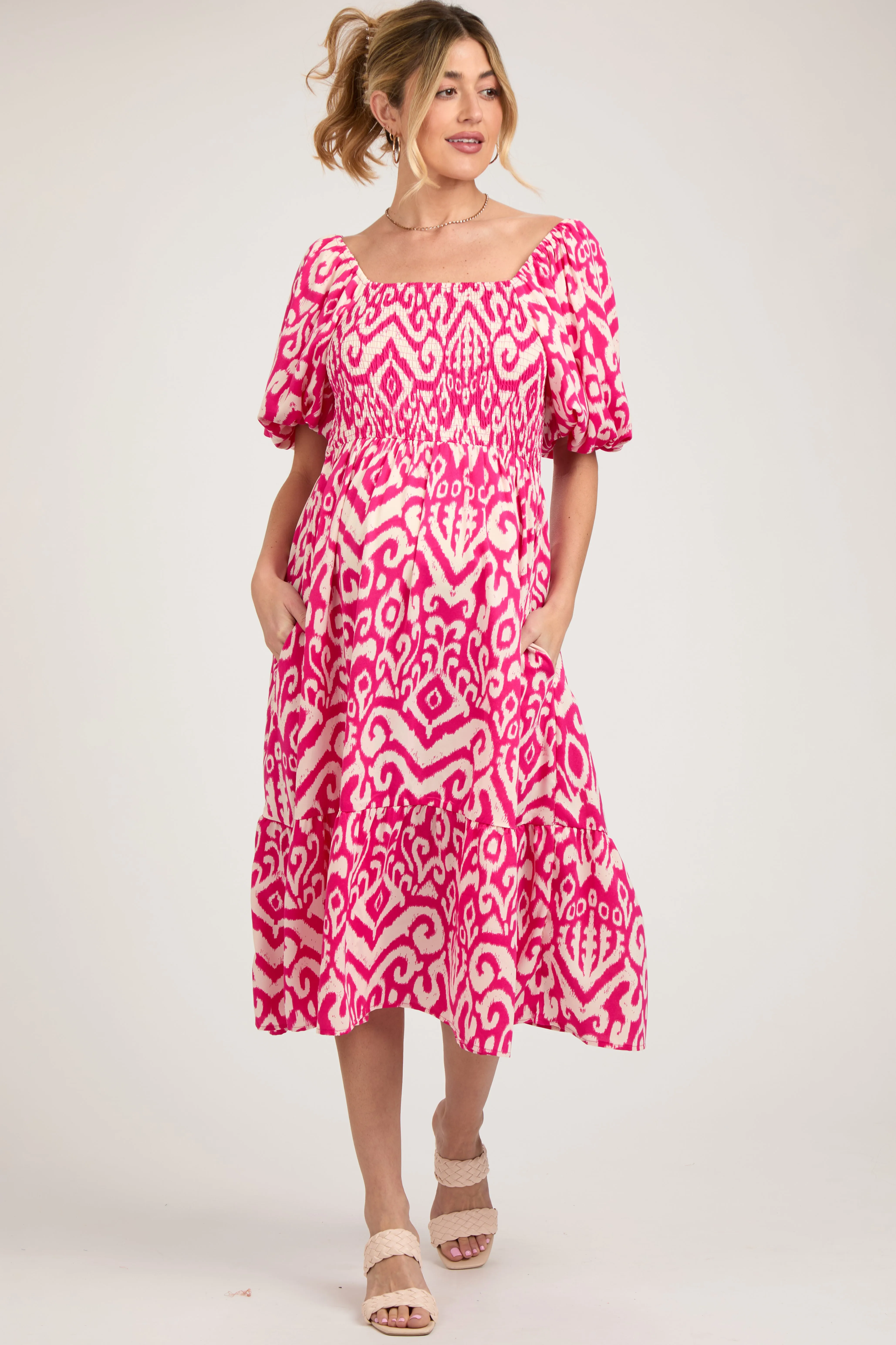 Fuchsia Square Neck Smocked Ruffle Maternity Midi Dress sold by Pinkblush