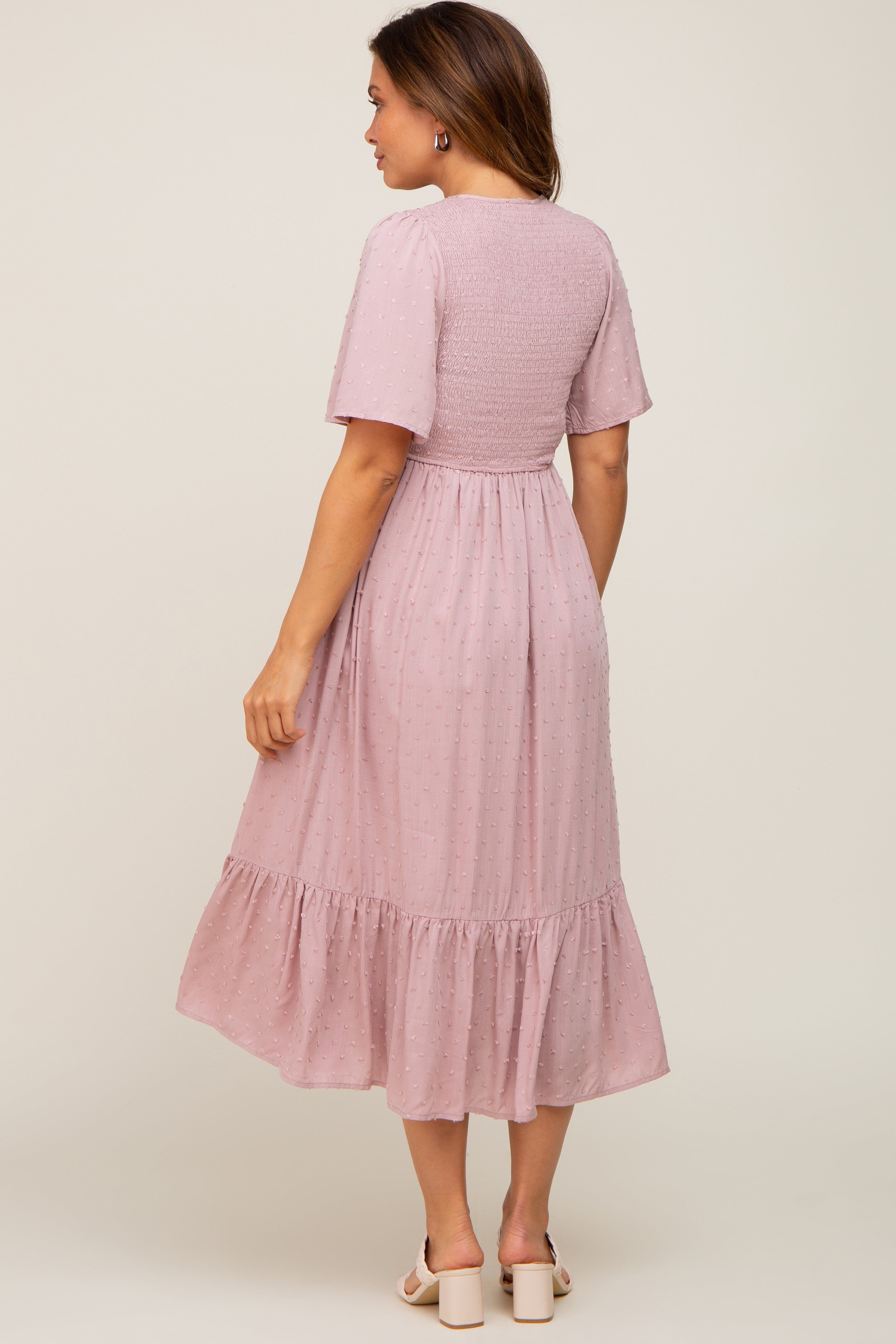 Mauve Textured Dot Smocked Short Sleeve Maternity Midi Dress sold by Pinkblush product image thumbnail 3