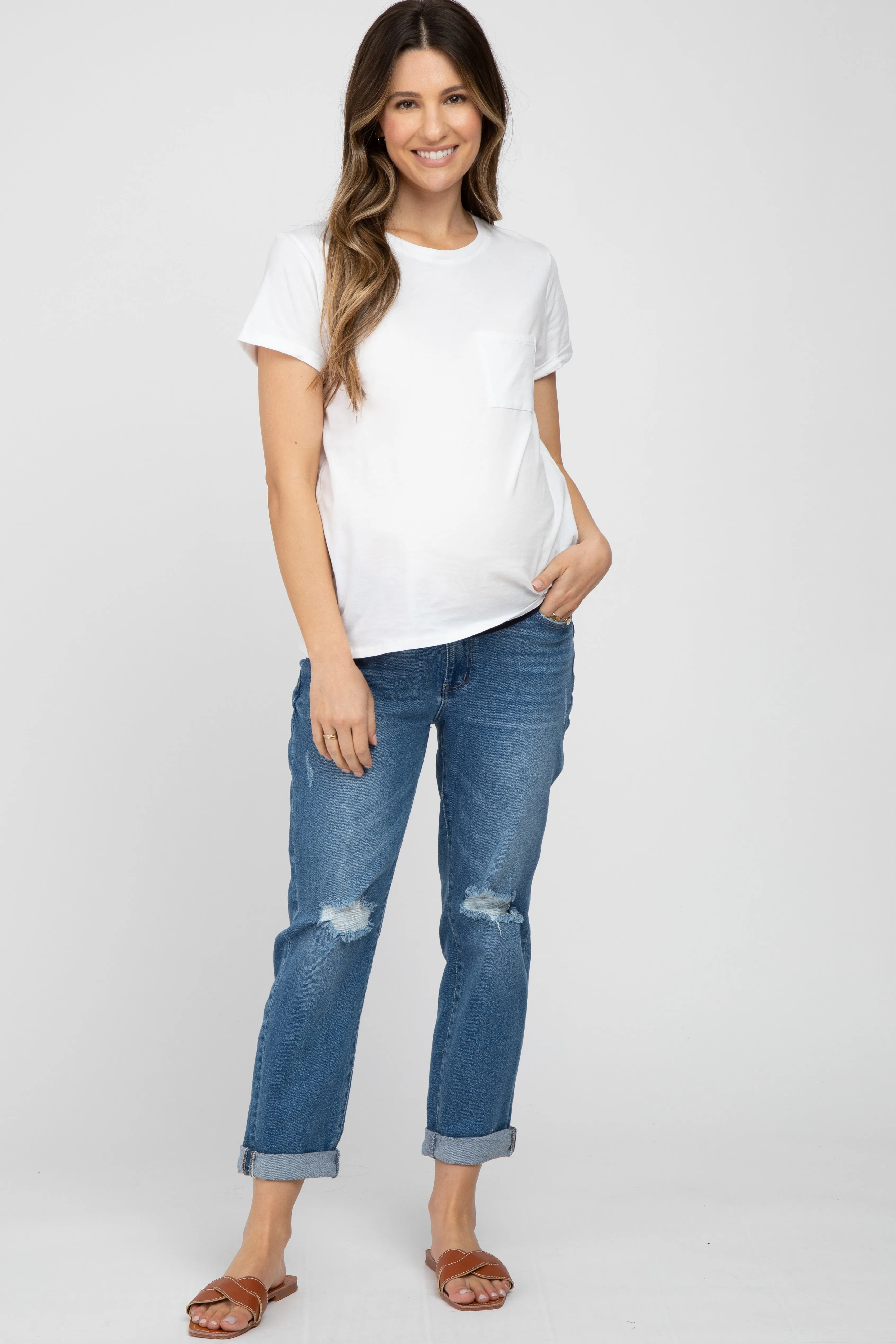Blue Relaxed Fit Cuffed Maternity Jeans sold by Pinkblush
