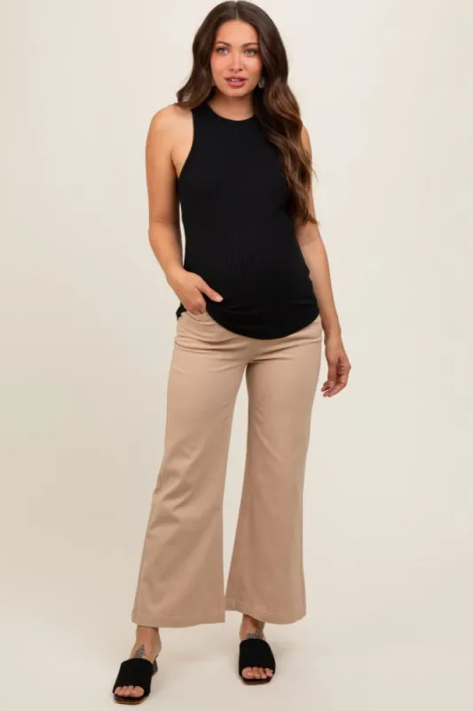 Light Taupe Wide Leg Cropped Maternity Pants sold by Pinkblush
