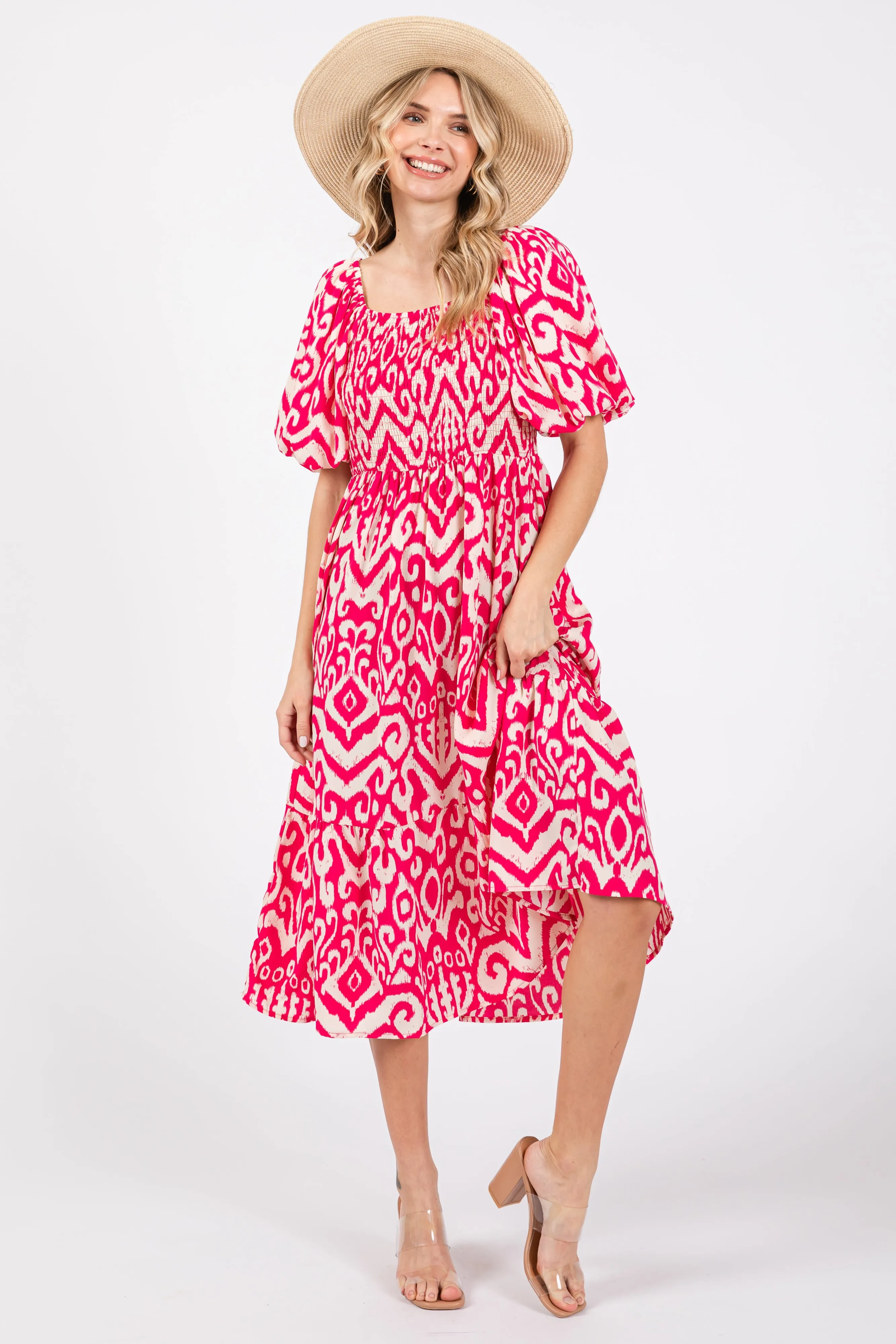 Fuchsia Square Neck Smocked Ruffle Maternity Midi Dress sold by Pinkblush product image thumbnail 5