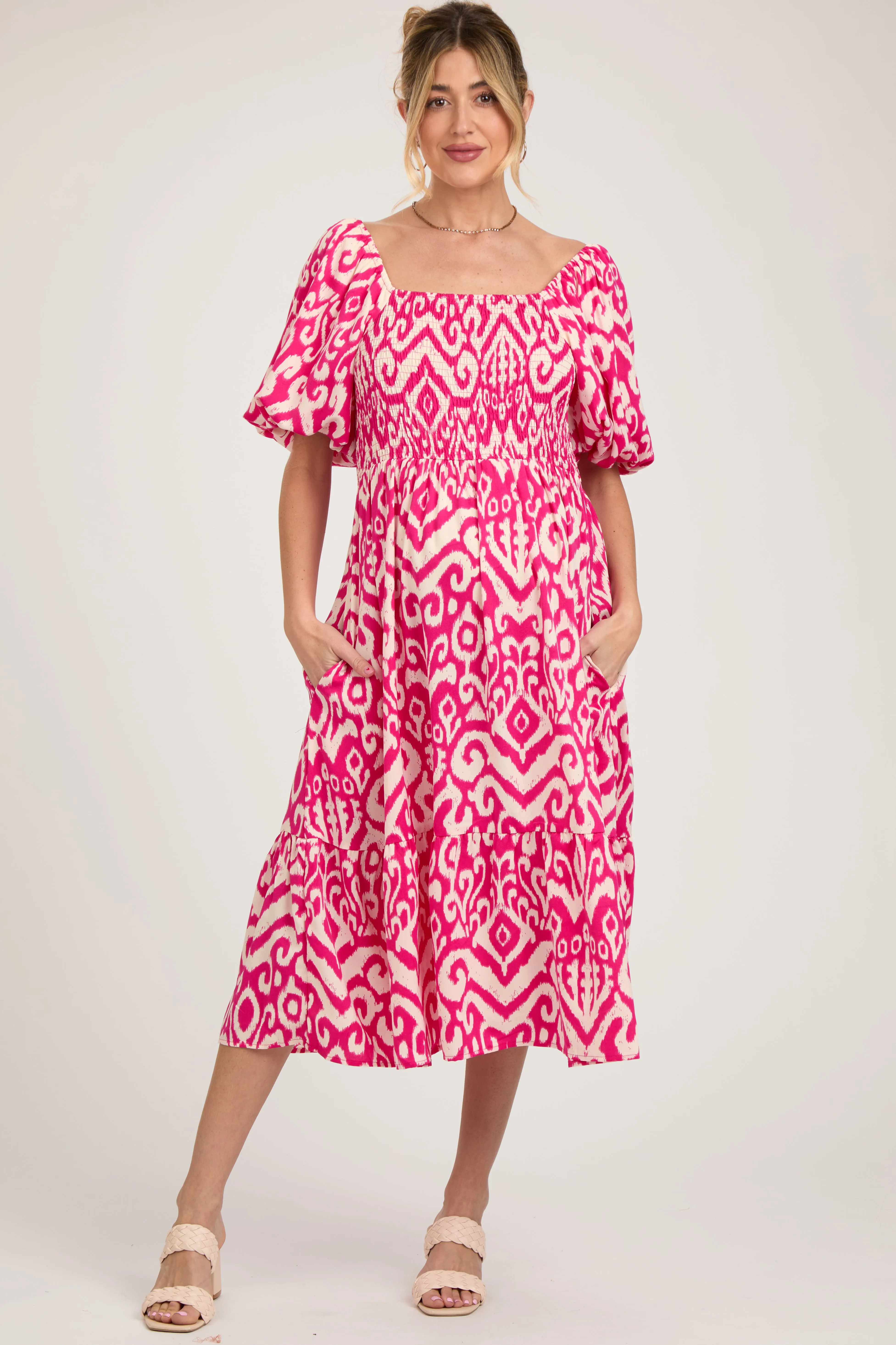 Fuchsia Square Neck Smocked Ruffle Maternity Midi Dress sold by Pinkblush product image thumbnail 2
