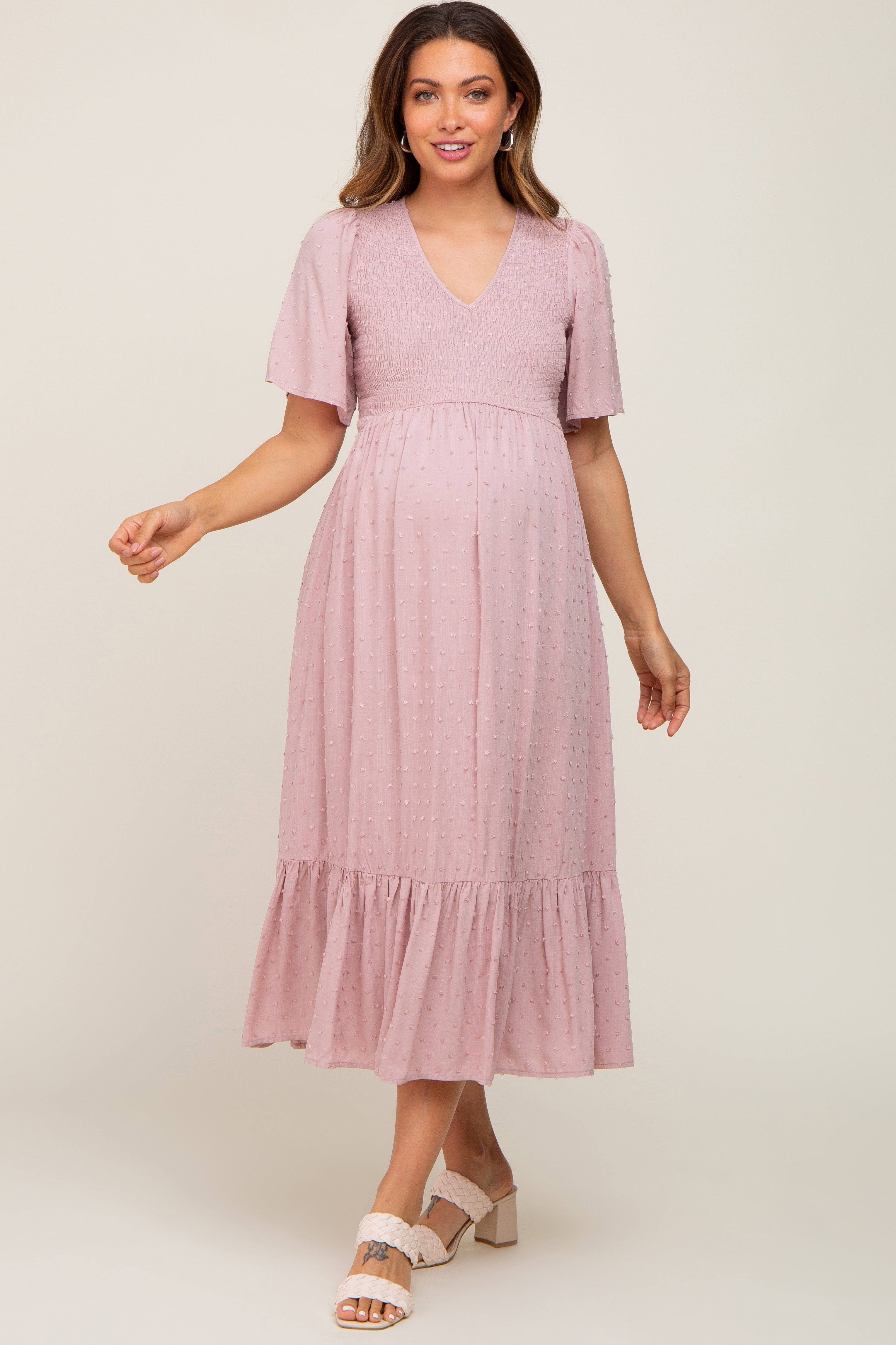 Mauve Textured Dot Smocked Short Sleeve Maternity Midi Dress sold by Pinkblush product image thumbnail 4