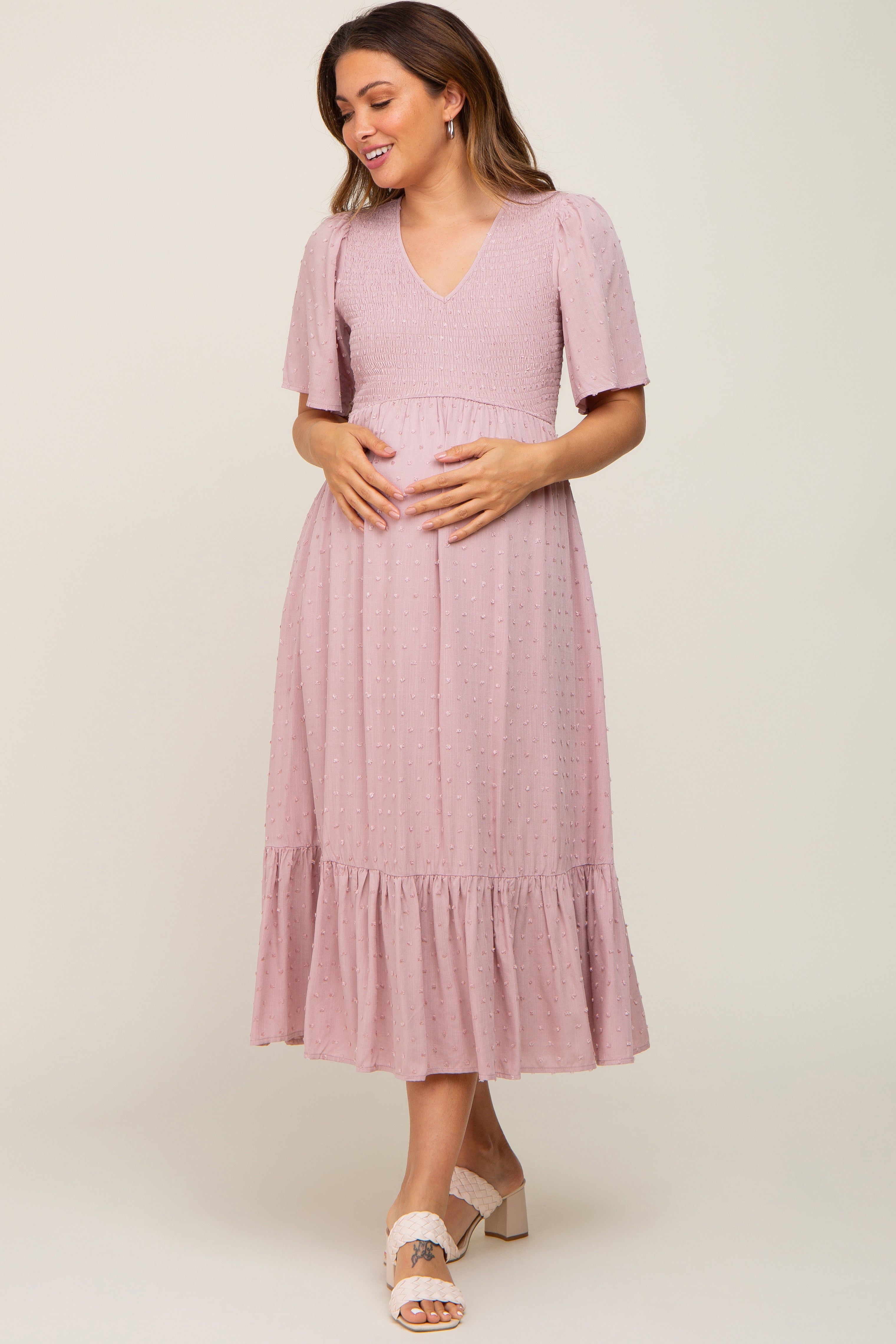 Mauve Textured Dot Smocked Short Sleeve Maternity Midi Dress sold by Pinkblush