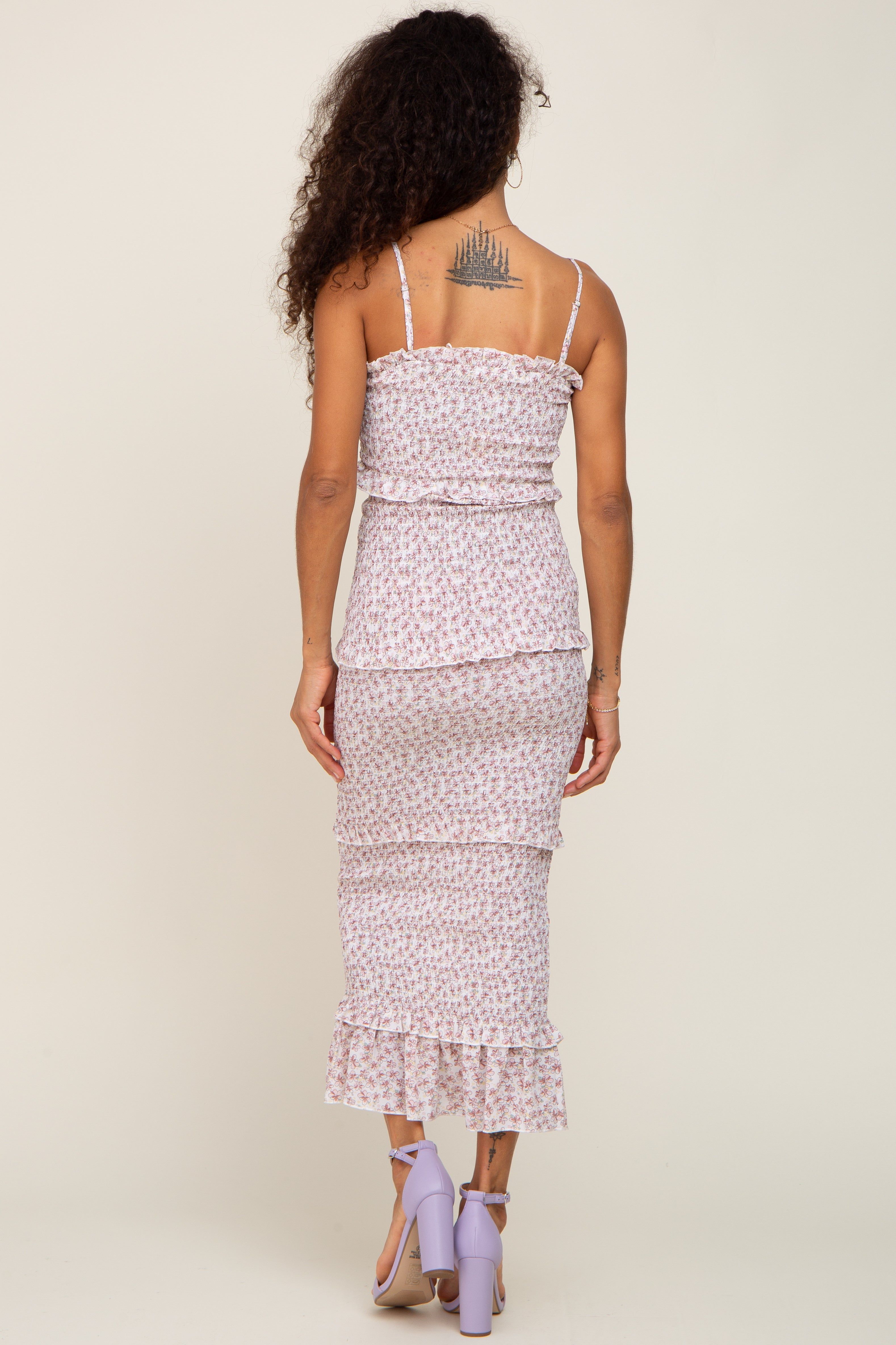 Pink Floral Chiffon Smocked Tiered Square Neck Midi Dress sold by Pinkblush product image thumbnail 3