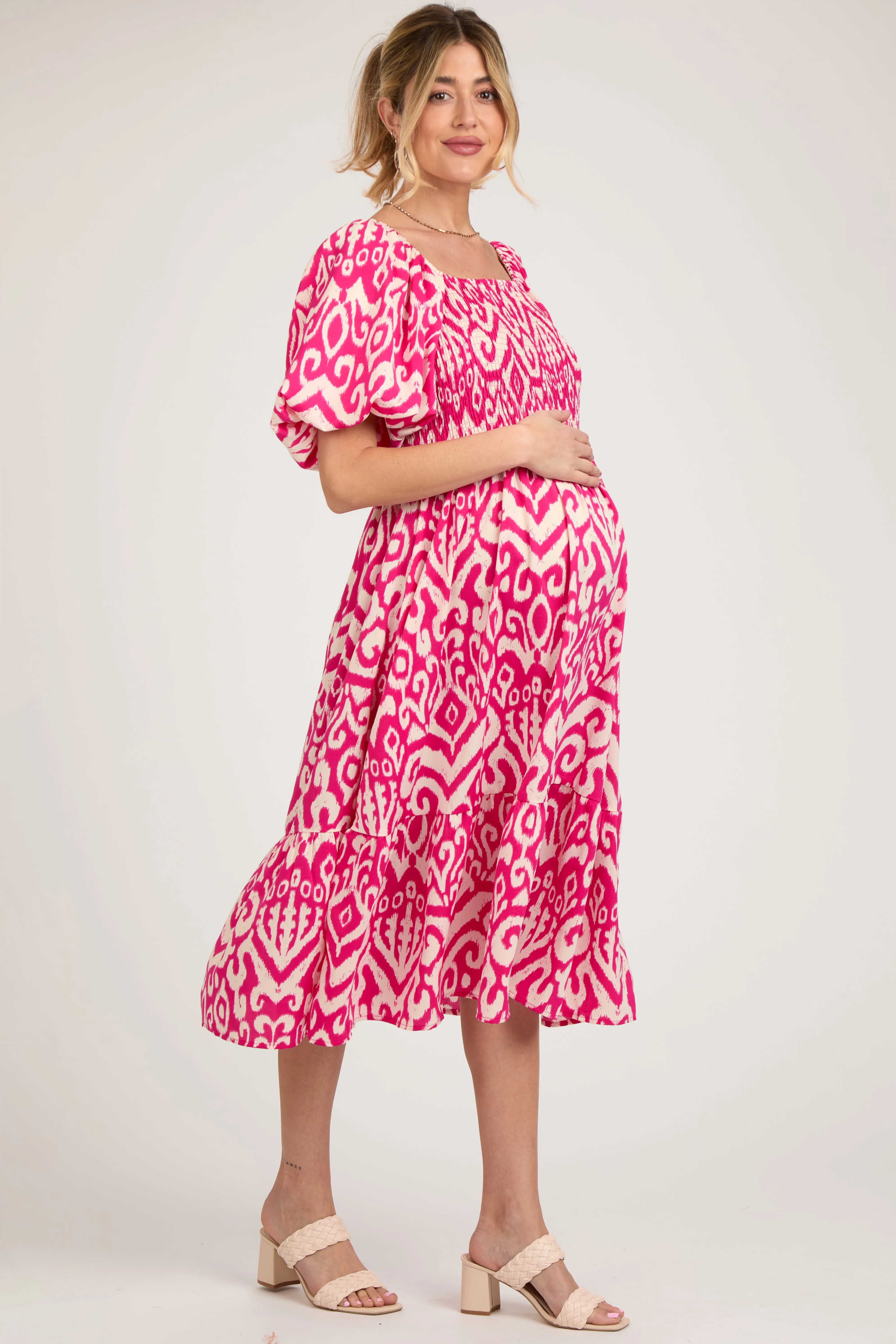 Fuchsia Square Neck Smocked Ruffle Maternity Midi Dress sold by Pinkblush product image thumbnail 3