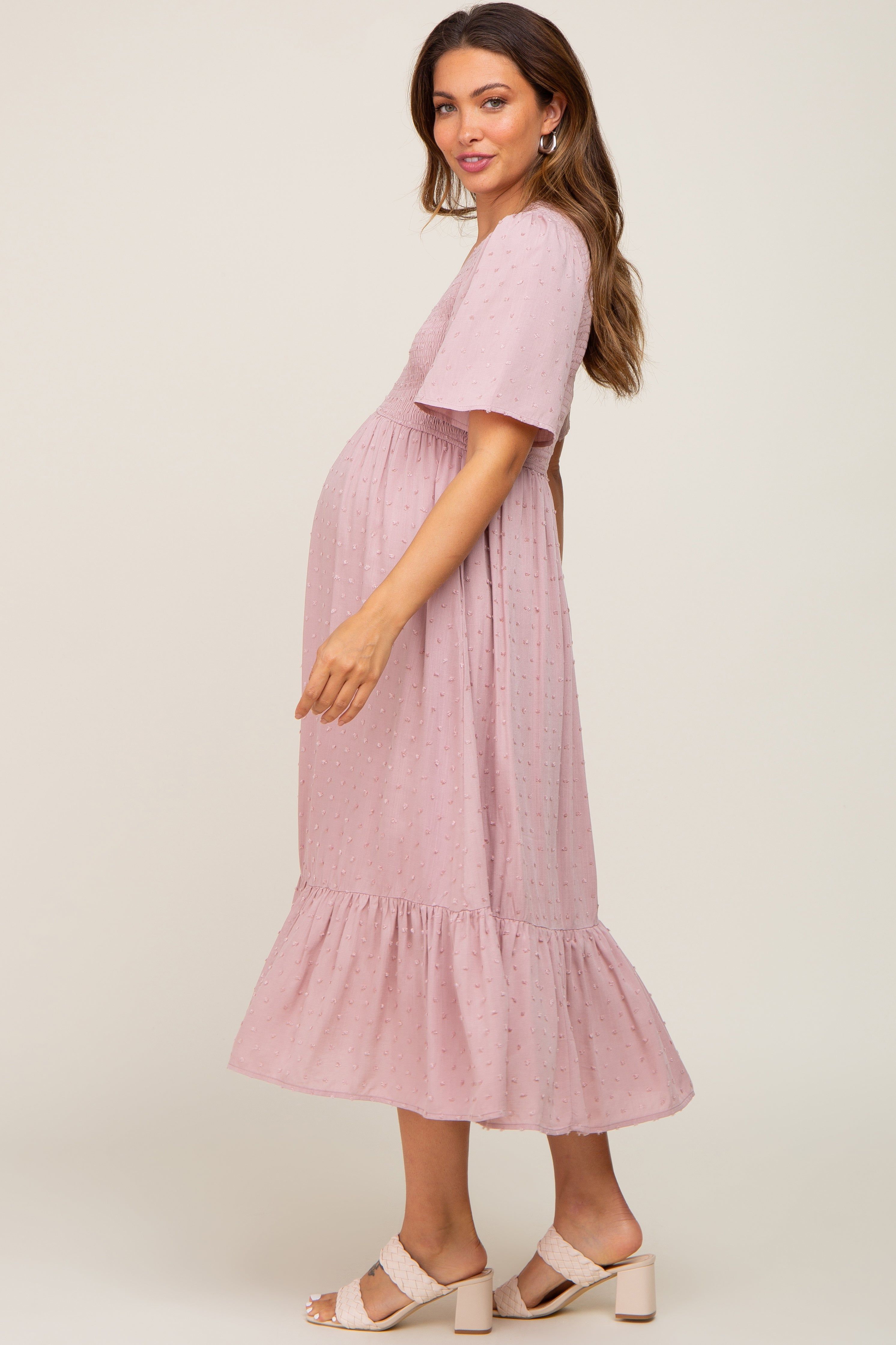 Mauve Textured Dot Smocked Short Sleeve Maternity Midi Dress sold by Pinkblush product image thumbnail 2