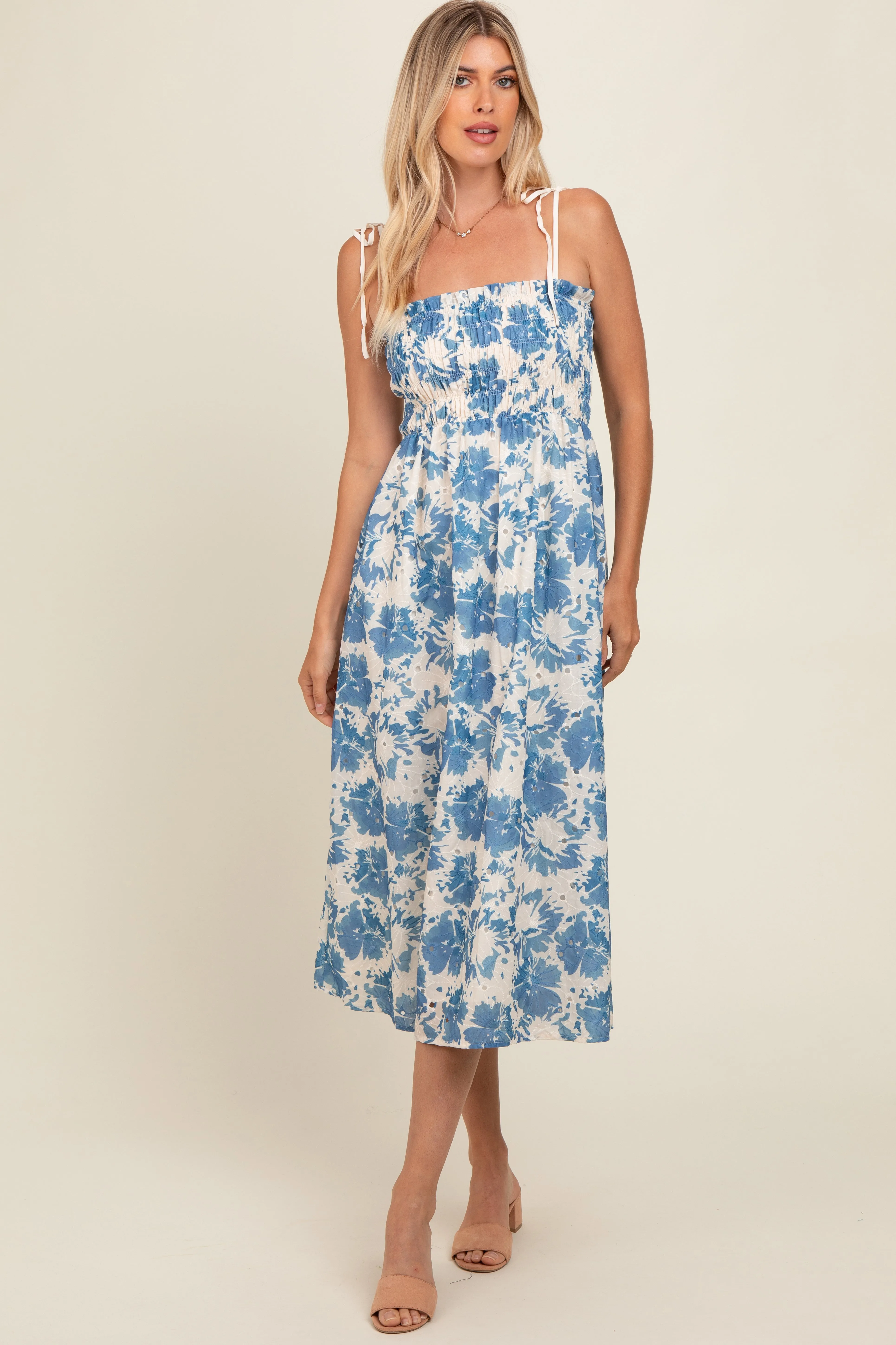 Cream Floral Smocked Midi Dress sold by Pinkblush