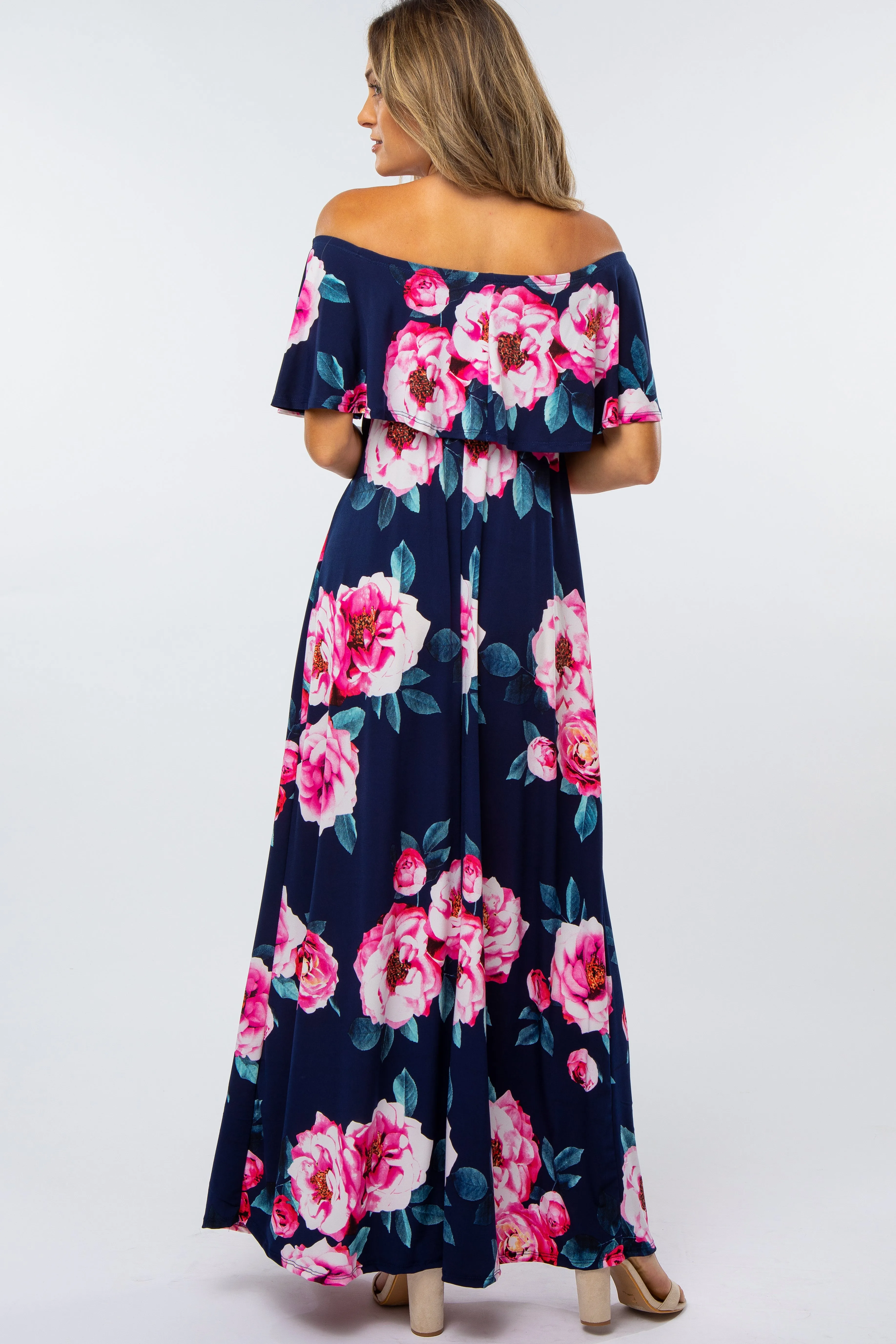 Navy Floral Off Shoulder Flounce Maxi Dress sold by Pinkblush product image thumbnail 3