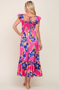 Fuchsia Floral Pleated Flounce Sleeve Maxi Dress sold by Pinkblush