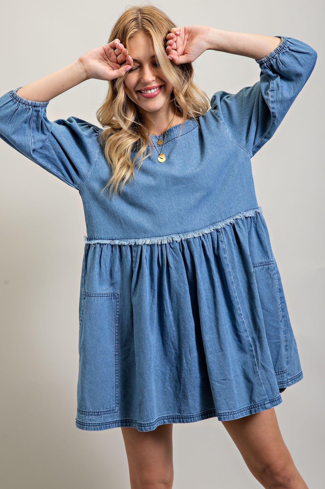 Light Denim Babydoll Denim Mini Dress sold by Pinkblush