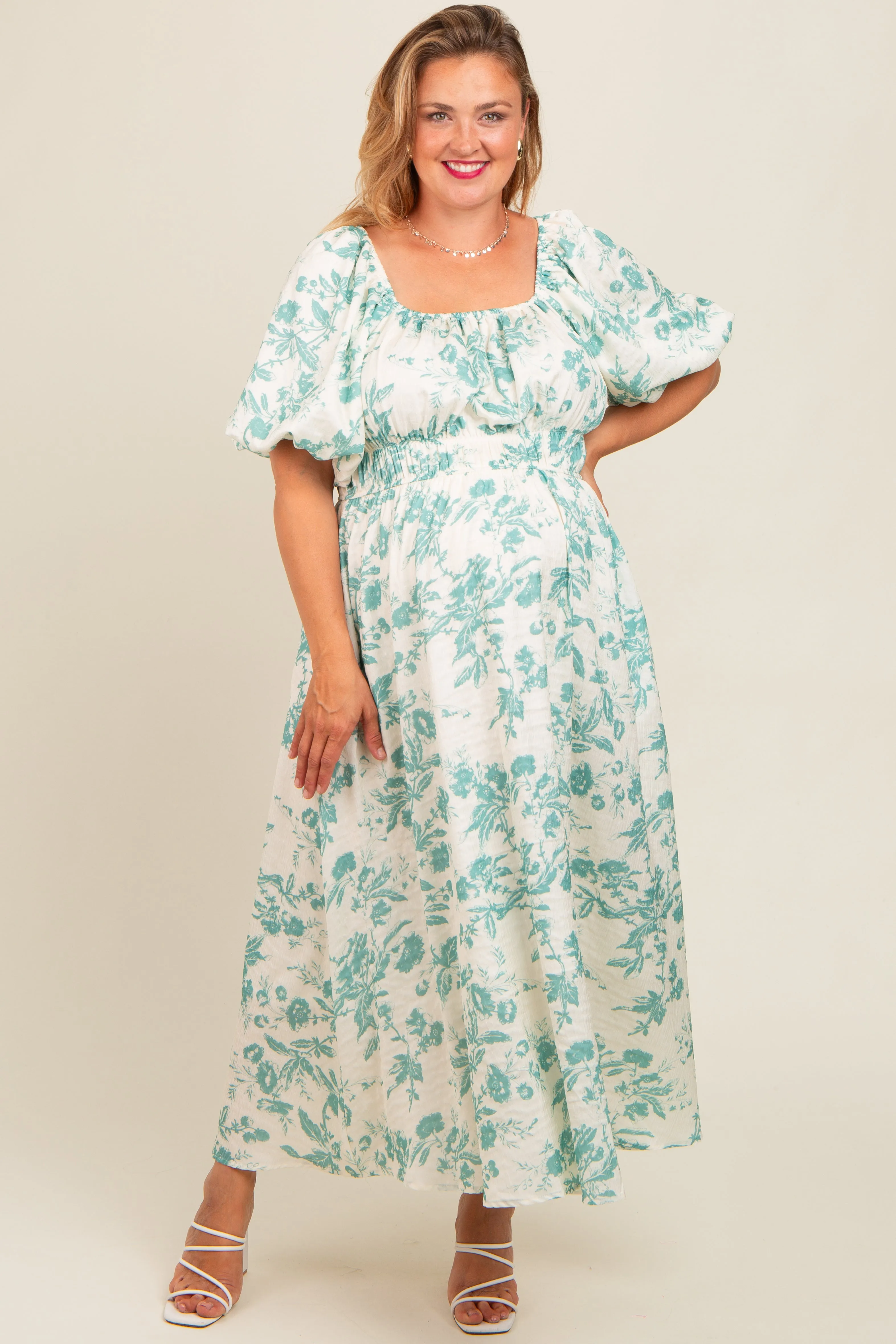 Teal Floral Puff Sleeve Maternity Plus Midi Dress sold by Pinkblush