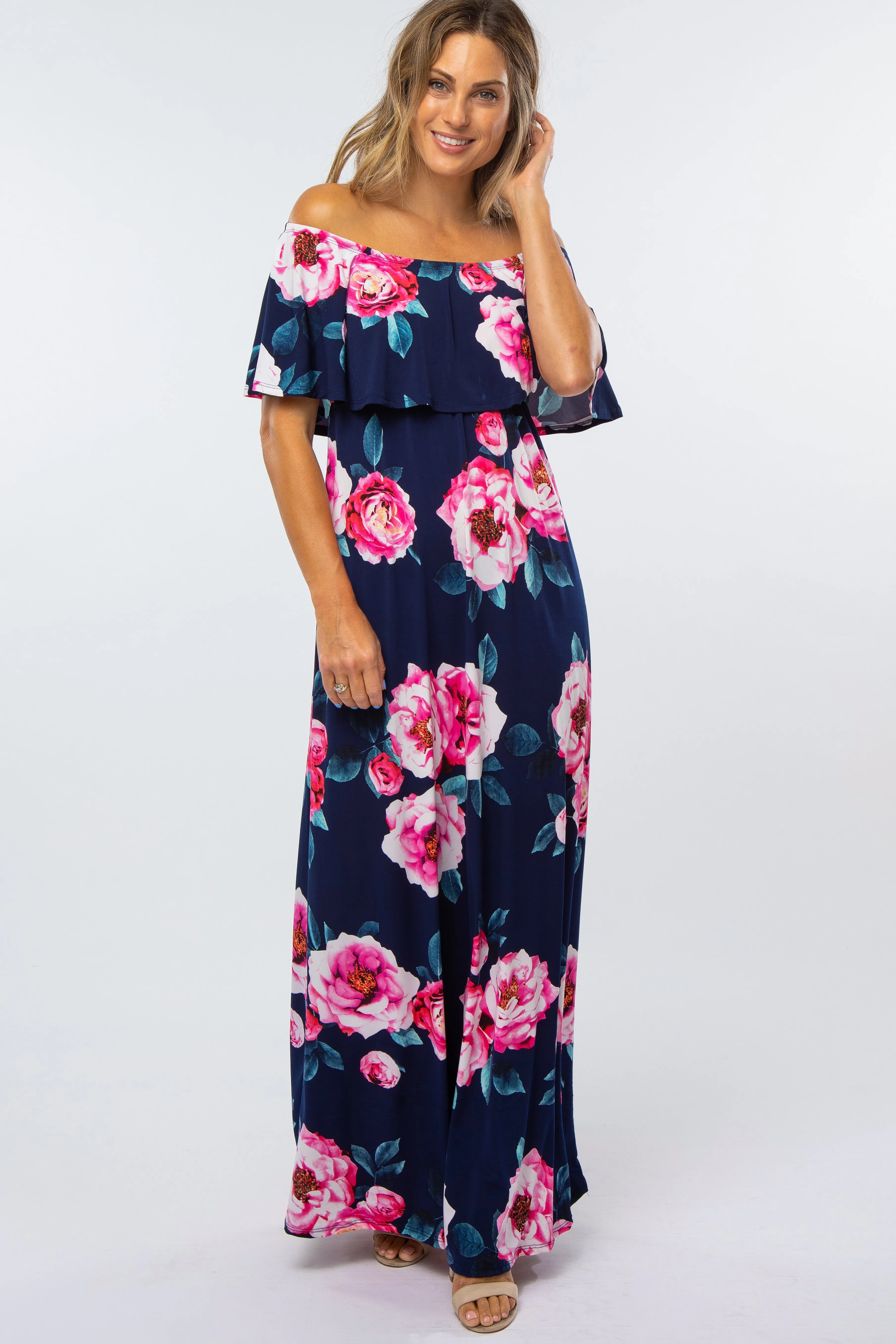 Navy Floral Off Shoulder Flounce Maxi Dress sold by Pinkblush