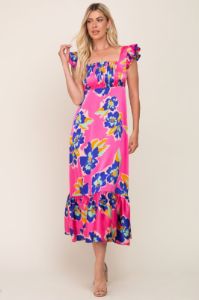 Fuchsia Floral Pleated Flounce Sleeve Maxi Dress sold by Pinkblush