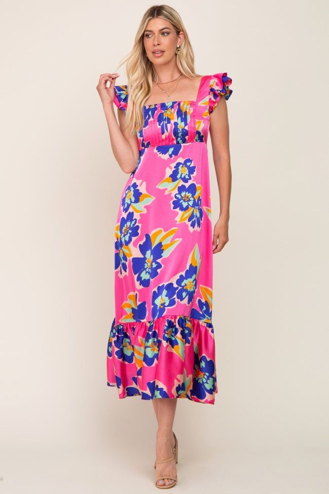 Fuchsia Floral Pleated Flounce Sleeve Maxi Dress sold by Pinkblush product image thumbnail 4