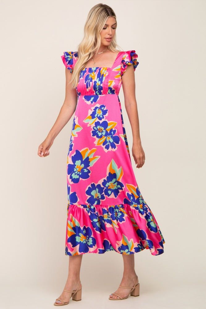 Fuchsia Floral Pleated Flounce Sleeve Maxi Dress sold by Pinkblush