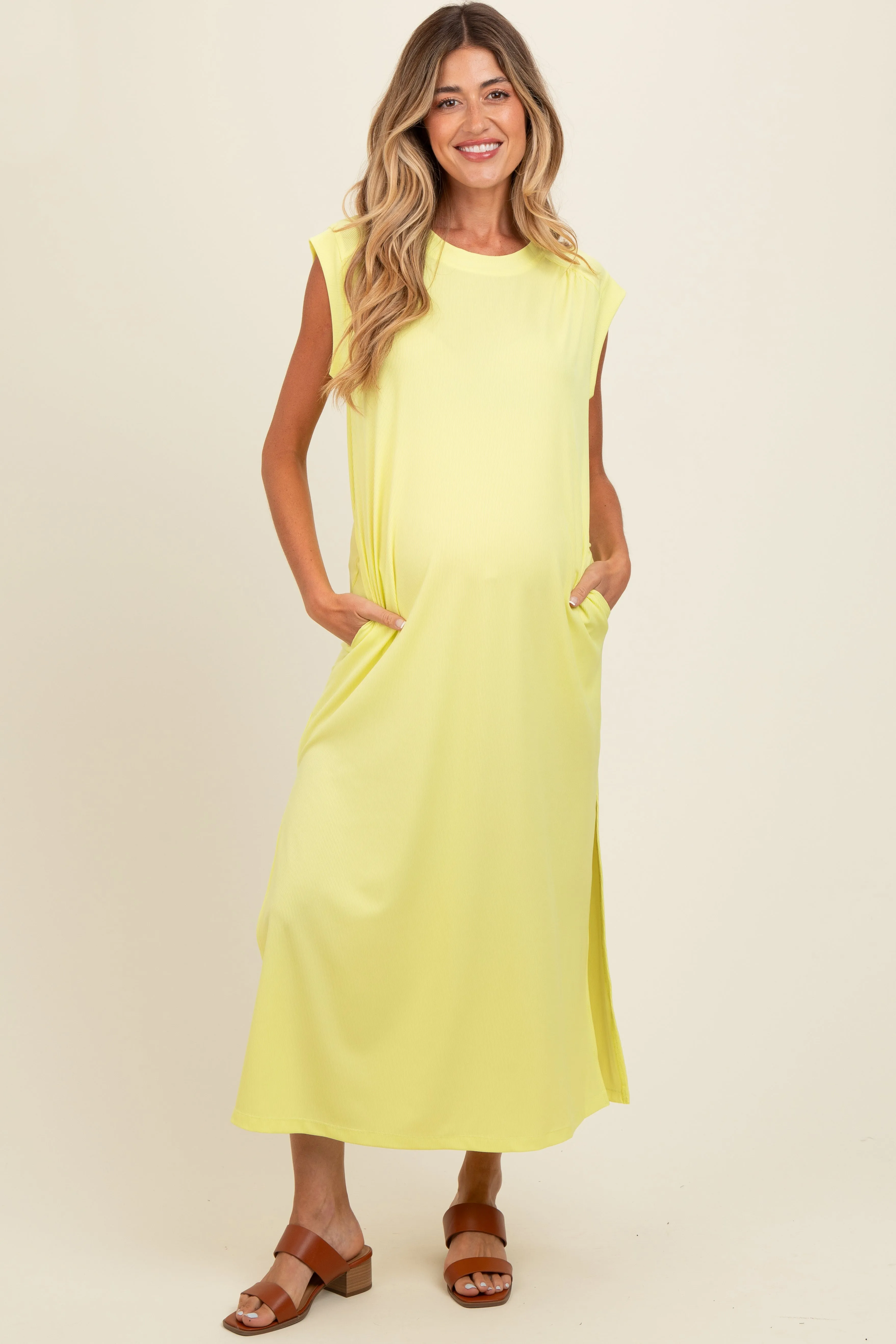 Yellow Short Dolman Sleeve Side Slit Maternity Maxi Dress sold by Pinkblush
