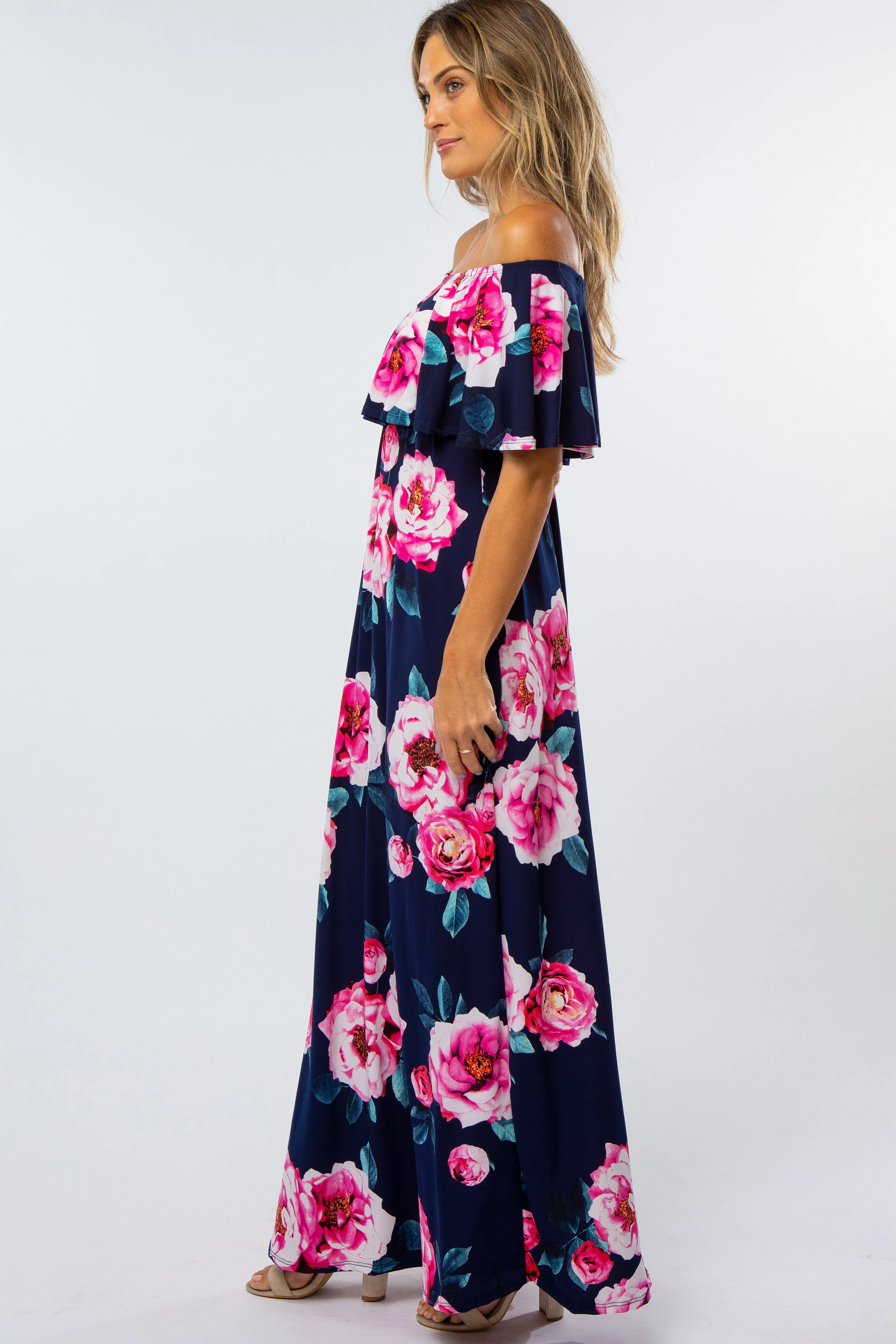 Navy Floral Off Shoulder Flounce Maxi Dress sold by Pinkblush product image thumbnail 2