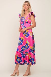 Fuchsia Floral Pleated Flounce Sleeve Maxi Dress sold by Pinkblush