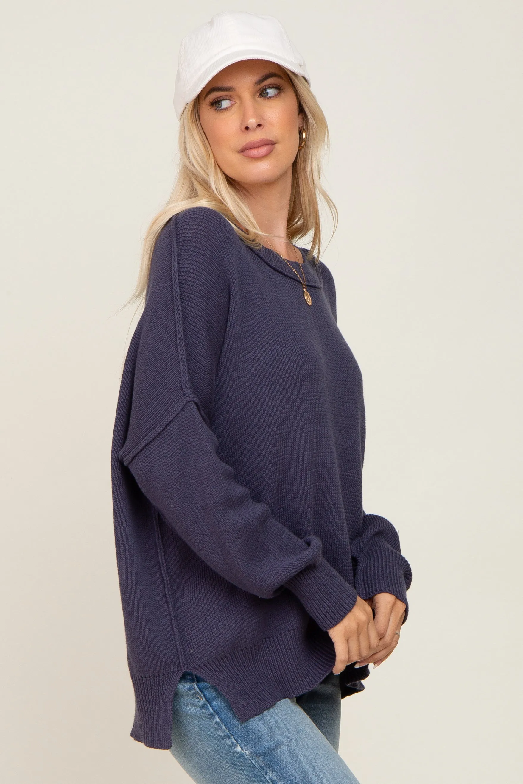 Navy Exposed Seam Side Slit Sweater sold by Pinkblush product image thumbnail 2