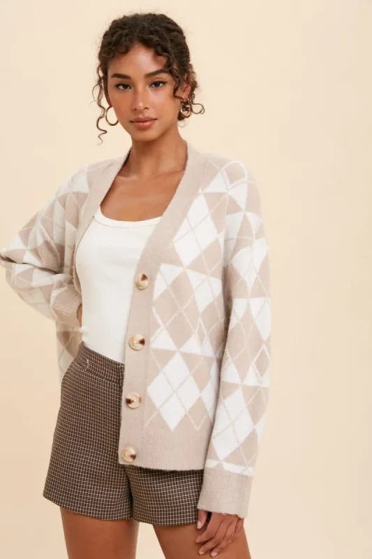 Beige Argyle Button Front Cardigan sold by Pinkblush