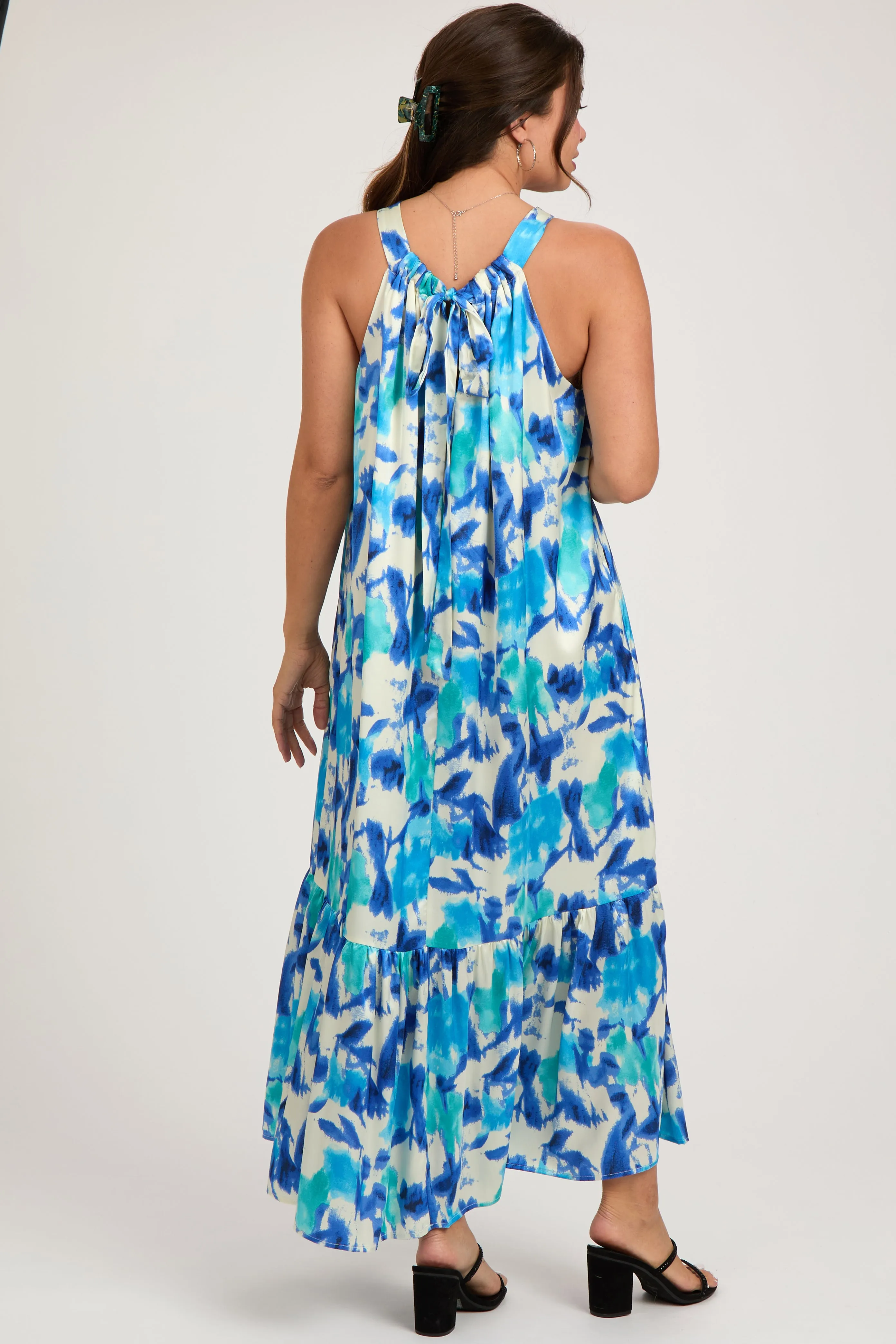 Blue Watercolor Print Satin Maternity Midi Dress sold by Pinkblush product image thumbnail 5