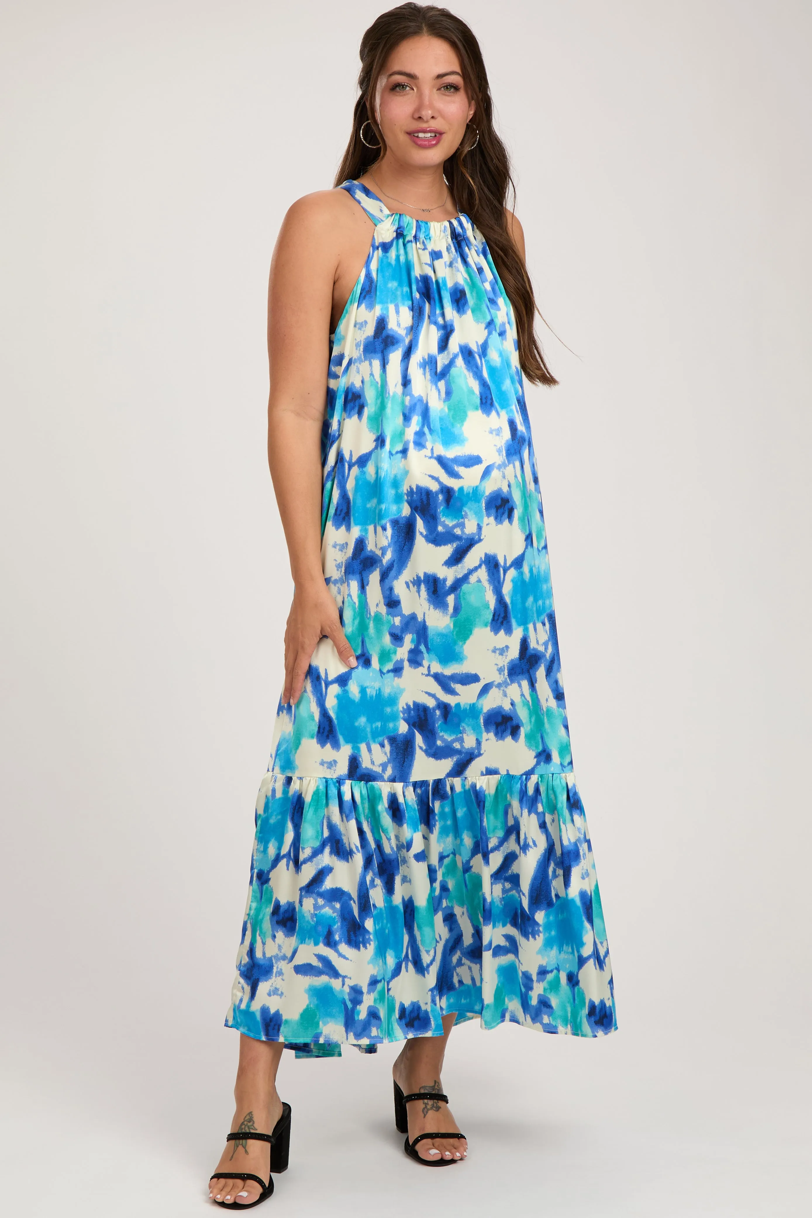 Blue Watercolor Print Satin Maternity Midi Dress sold by Pinkblush product image thumbnail 2