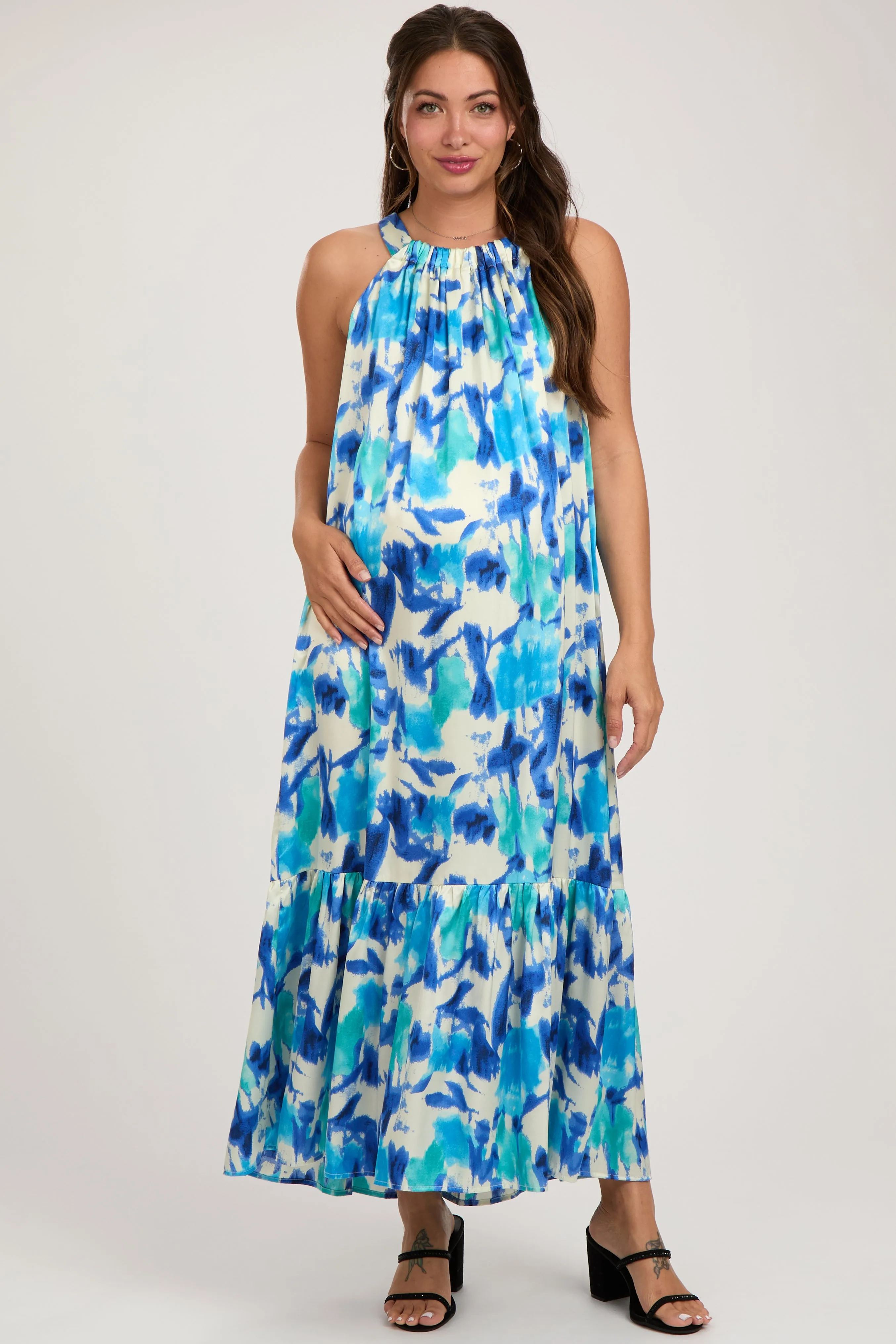 Blue Watercolor Print Satin Maternity Midi Dress sold by Pinkblush product image thumbnail 3