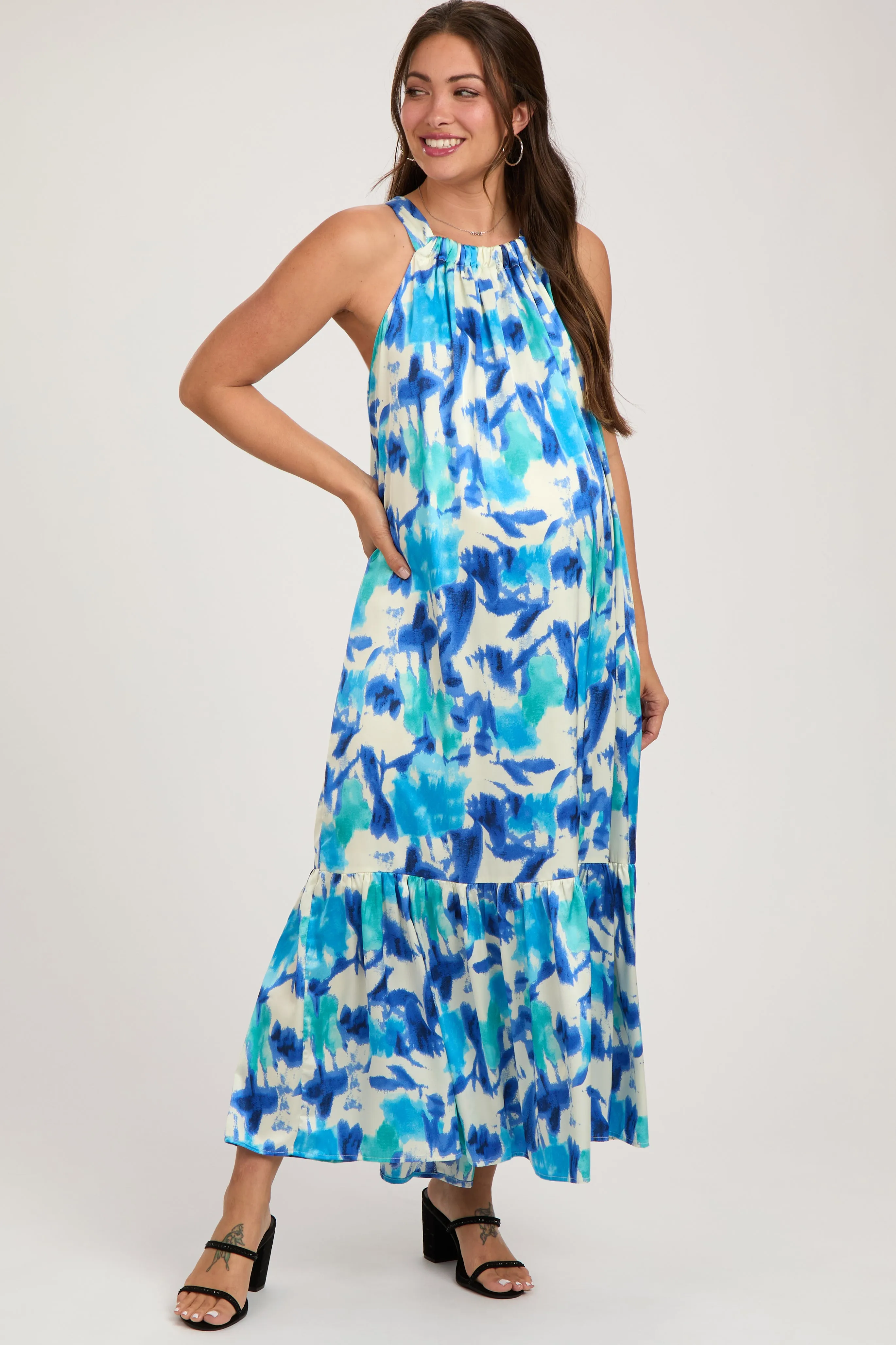 Blue Watercolor Print Satin Maternity Midi Dress sold by Pinkblush