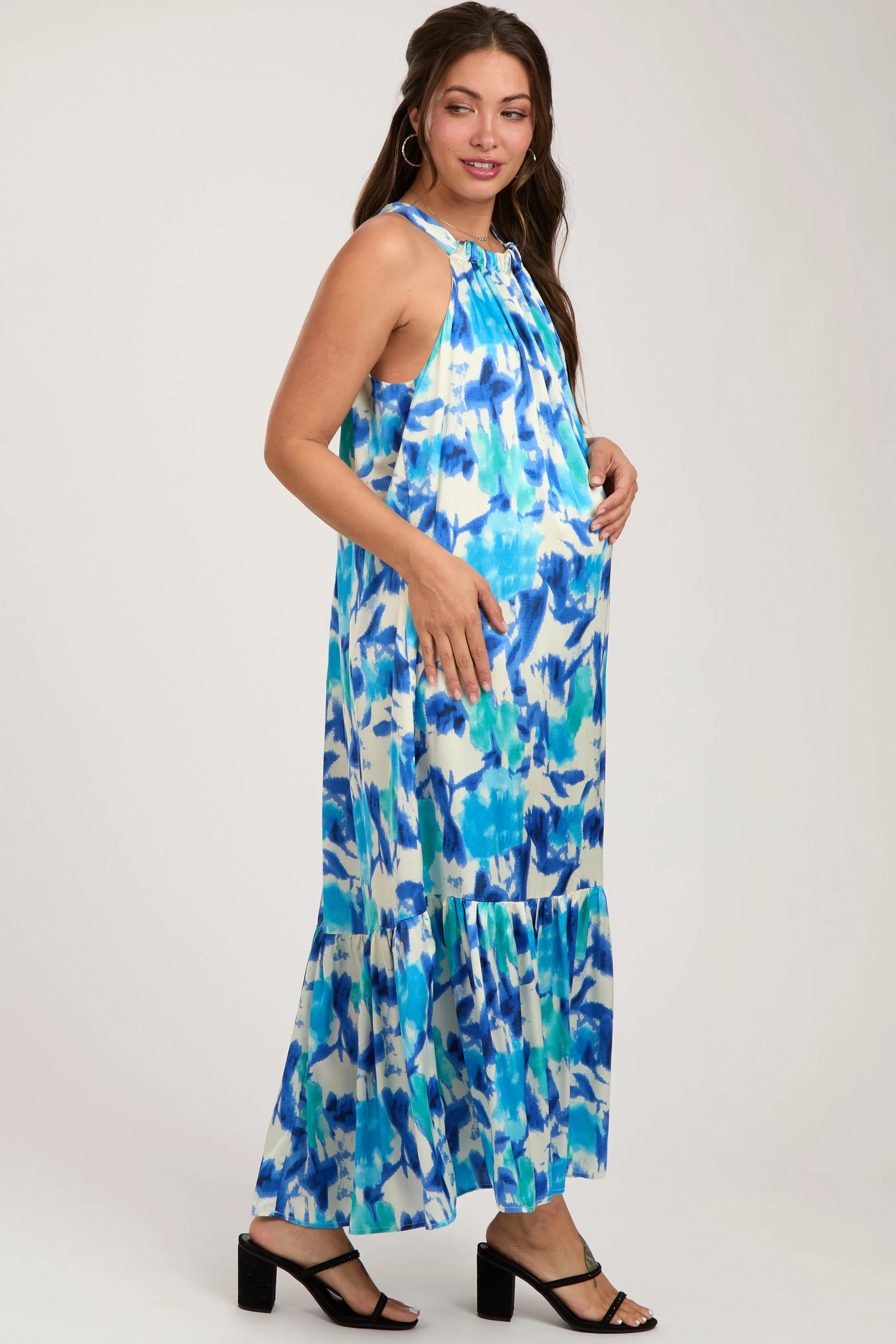 Blue Watercolor Print Satin Maternity Midi Dress sold by Pinkblush product image thumbnail 4
