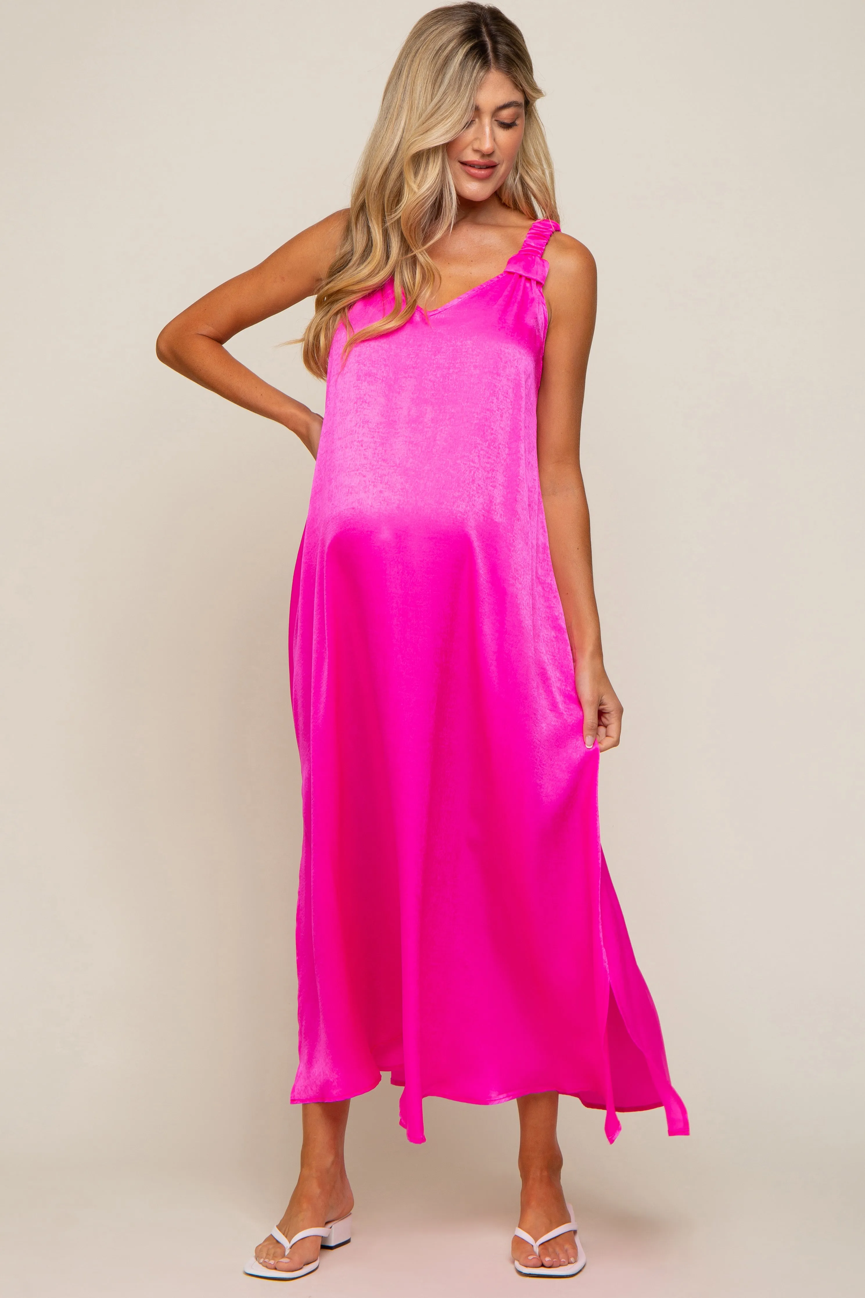 Fuchsia Satin Side Slit Maternity Maxi Dress sold by Pinkblush