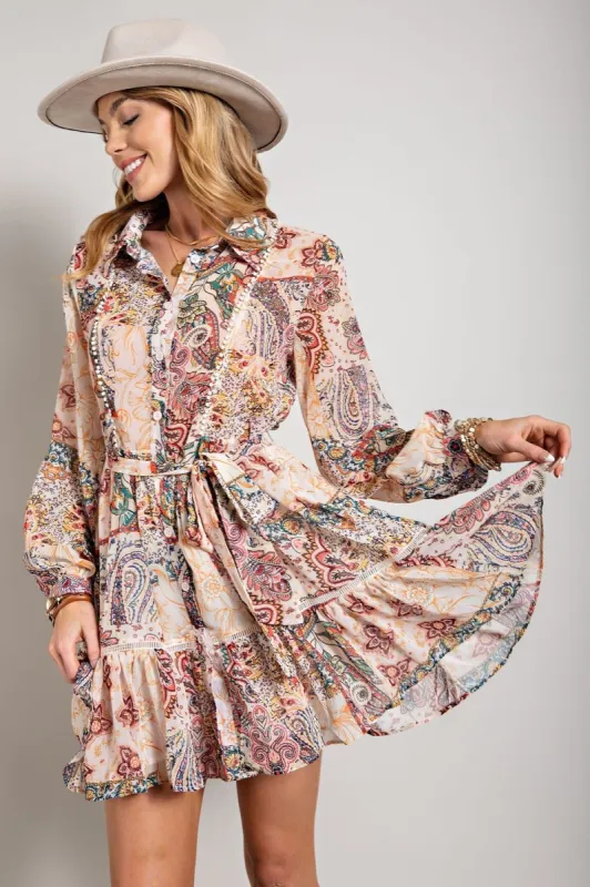 Beige Multi Flower Print Long Sleeve Shirt Dress sold by Pinkblush