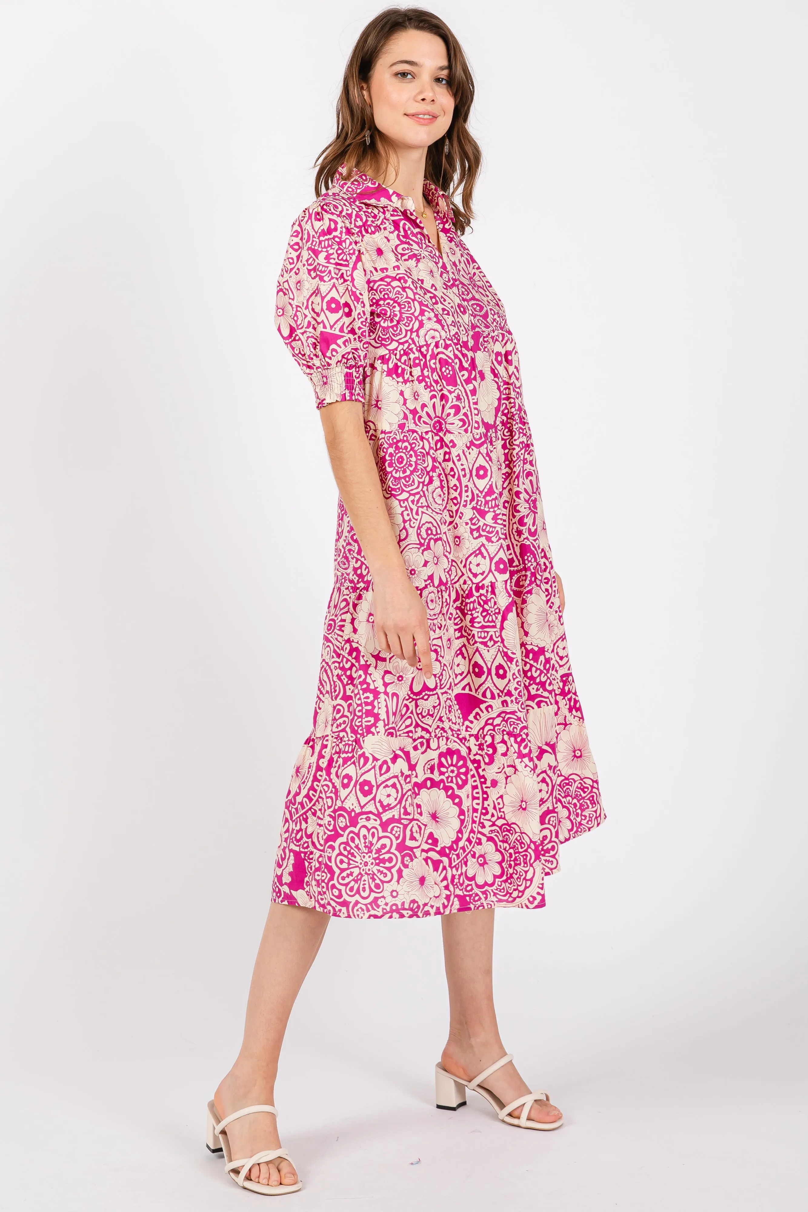 Magenta Floral Collared Tiered Midi Dress sold by Pinkblush product image thumbnail 2