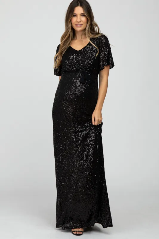 Black Sequin Short Sleeve Maternity Maxi Dress sold by Pinkblush