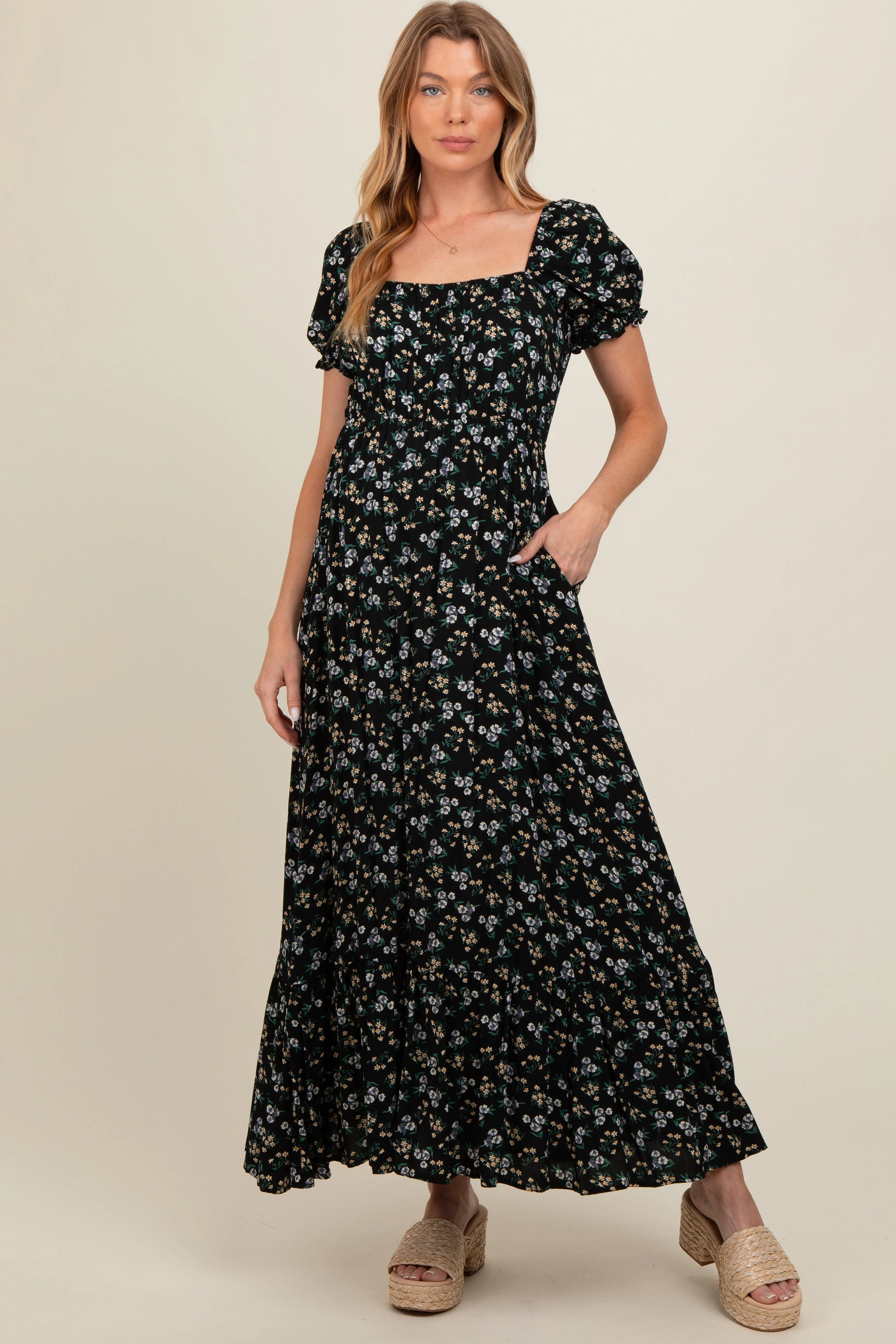 Black Floral Short Sleeve Maternity Maxi Dress sold by Pinkblush