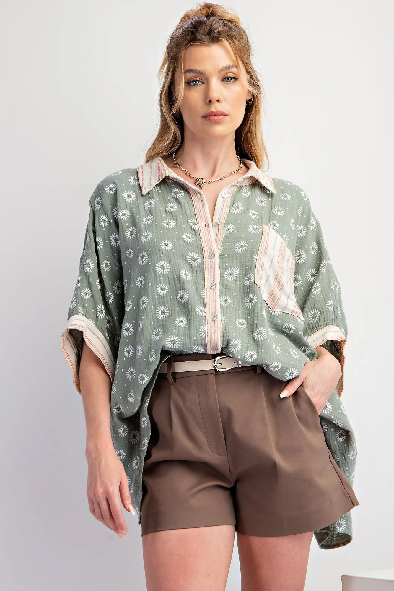 Light Olive Floral Contrast Print Button Down Top sold by Pinkblush