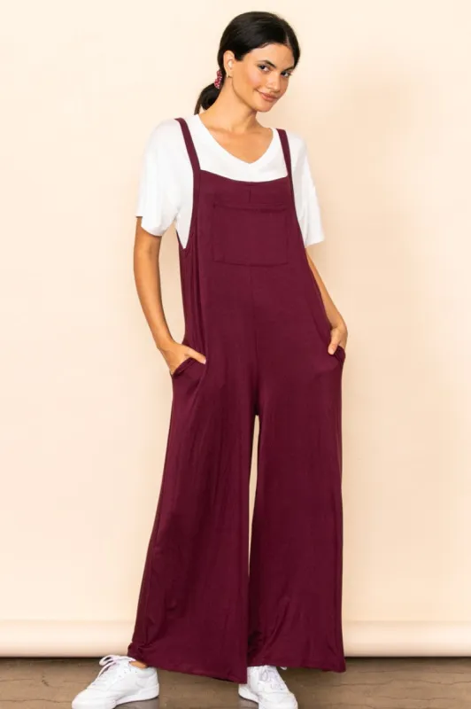 Burgundy Sleeveless Pocketed Wide Leg Jumpsuit sold by Pinkblush