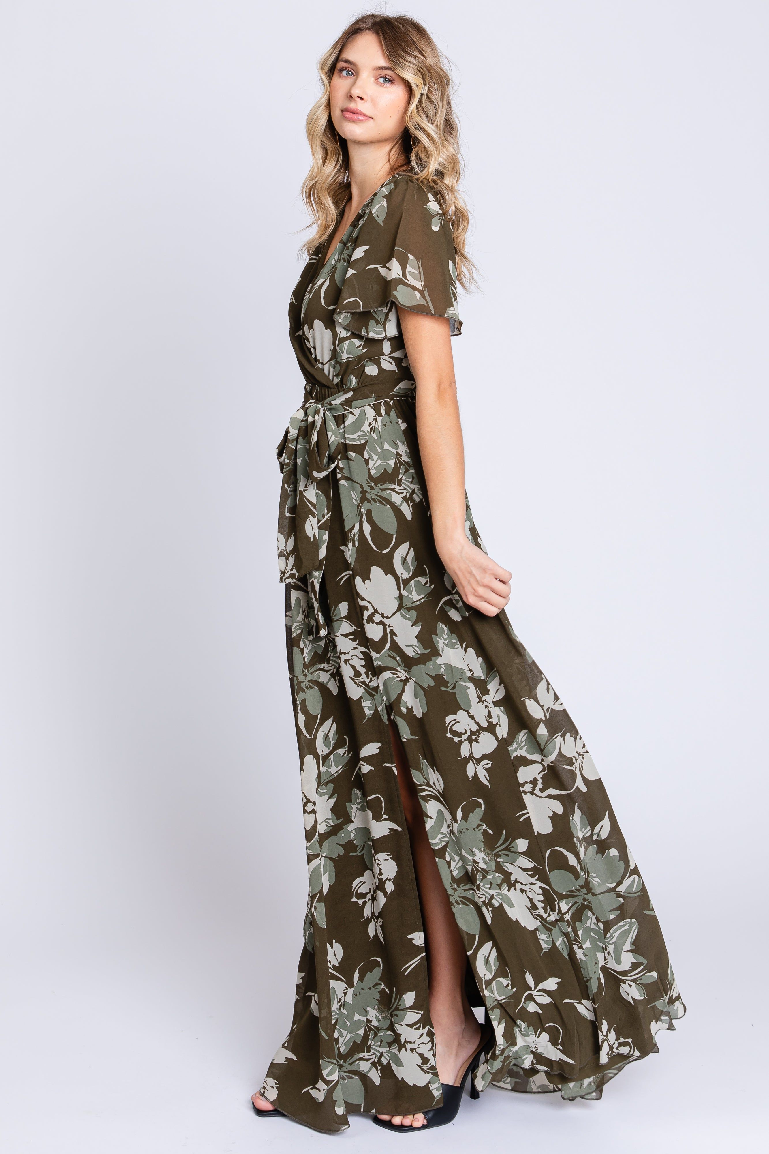 Olive Floral V-Neck Side Slit Dress sold by Pinkblush product image thumbnail 2