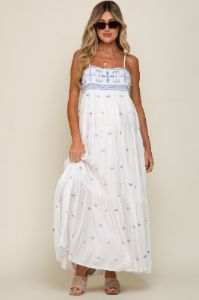White Floral Embroidered Tiered Maternity Maxi Dress sold by Pinkblush