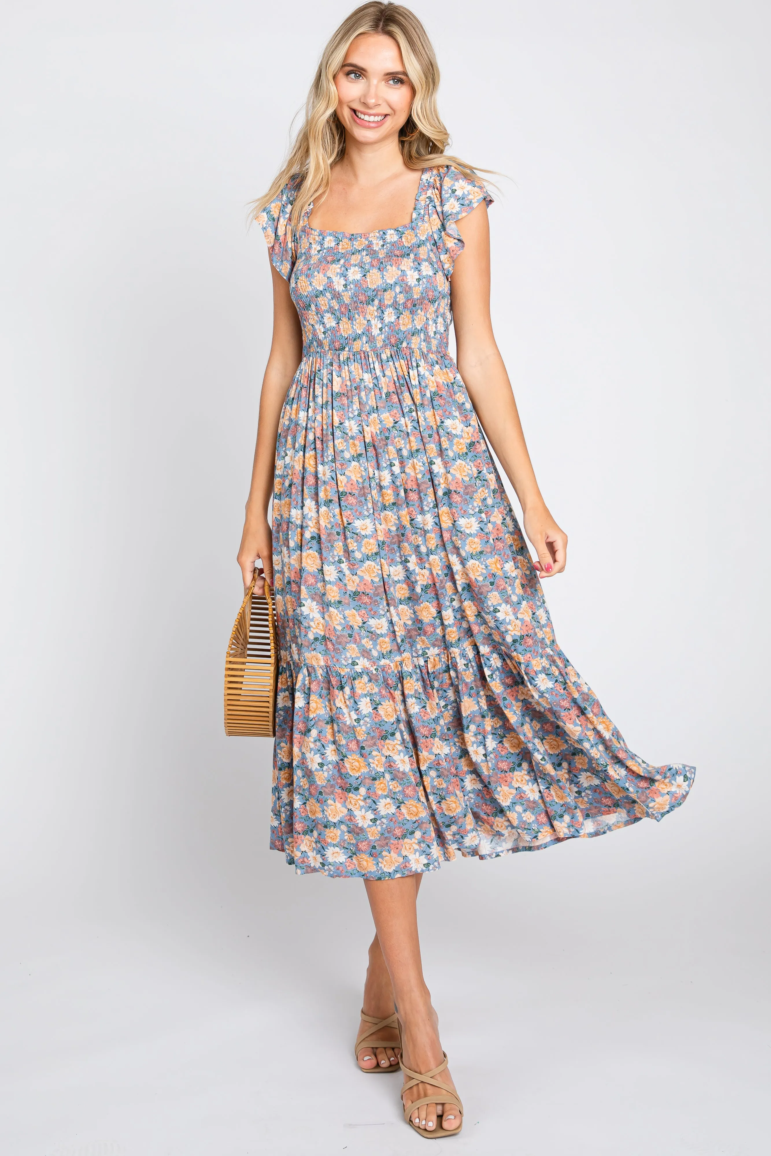 Blue Floral Off Shoulder Smocked Midi Dress sold by Pinkblush product image thumbnail 4