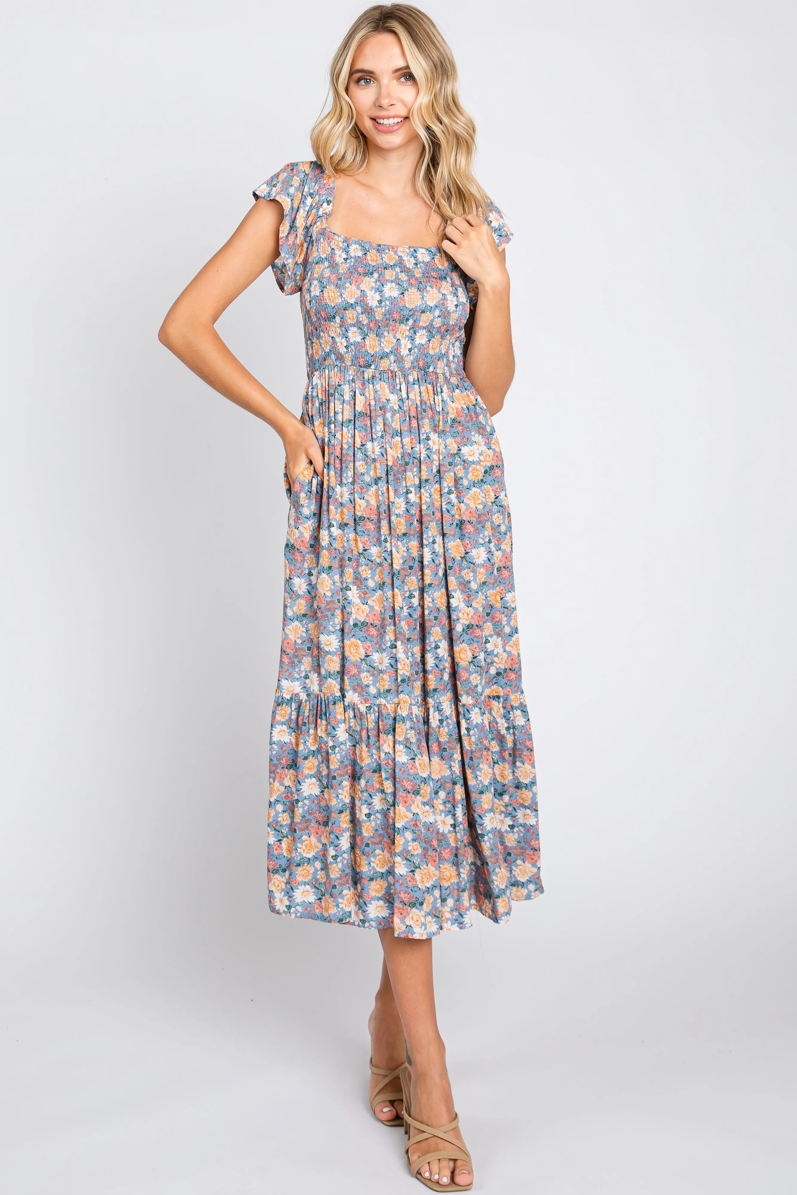 Blue Floral Off Shoulder Smocked Midi Dress sold by Pinkblush