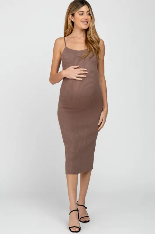 Mocha Ribbed Square Neck Sleeveless Maternity Midi Dress sold by Pinkblush
