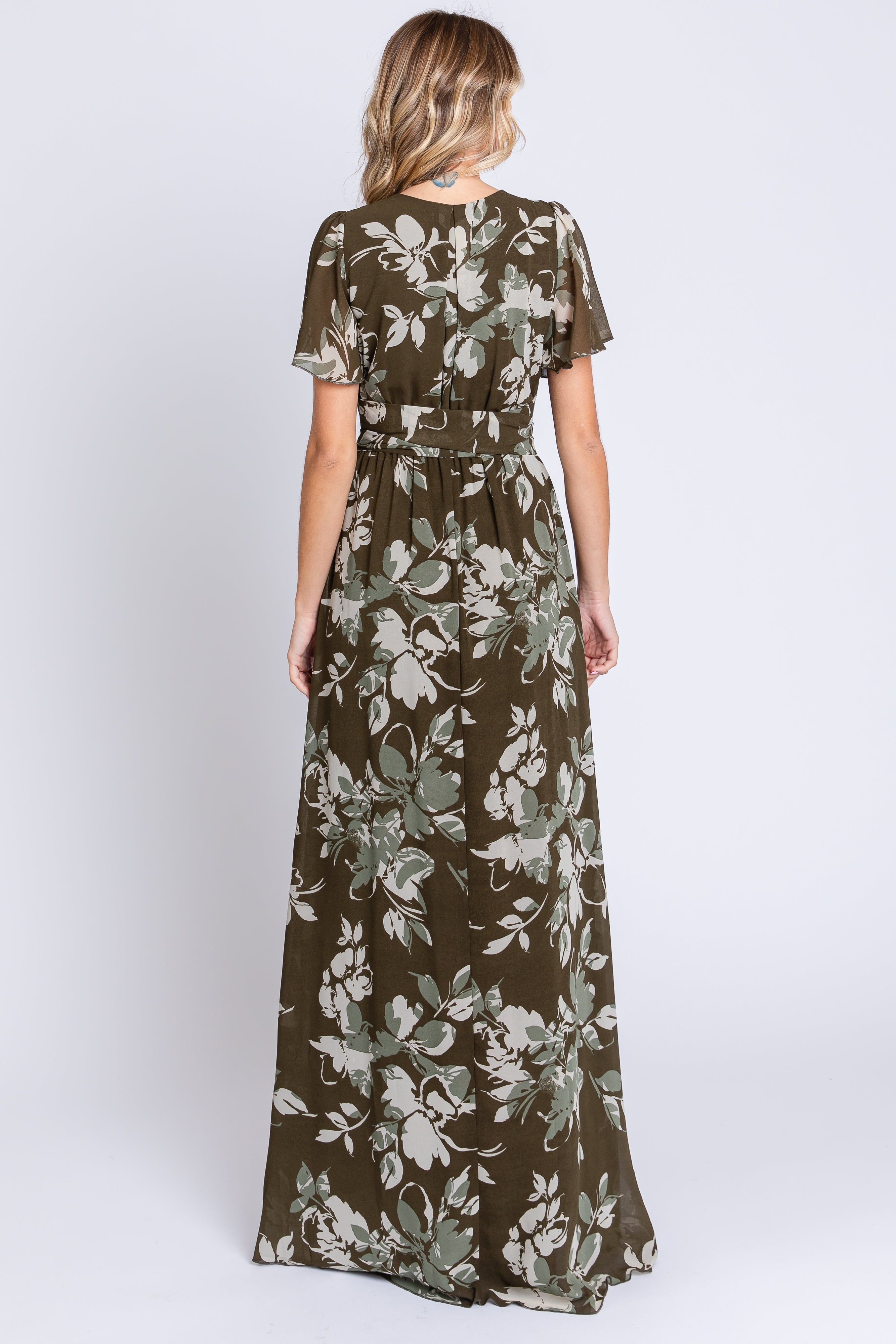 Olive Floral V-Neck Side Slit Dress sold by Pinkblush product image thumbnail 3